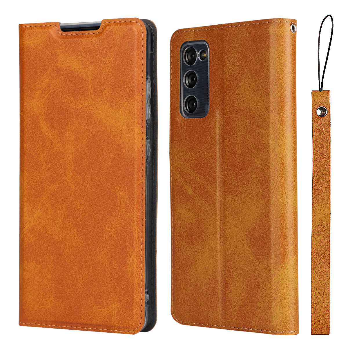 Card Slot Phone Cover Leather Stand Case with Strap for Samsung Galaxy S20 FE/S20 Fan Edition/S20 FE 5G/S20 Fan Edition 5G - Brown