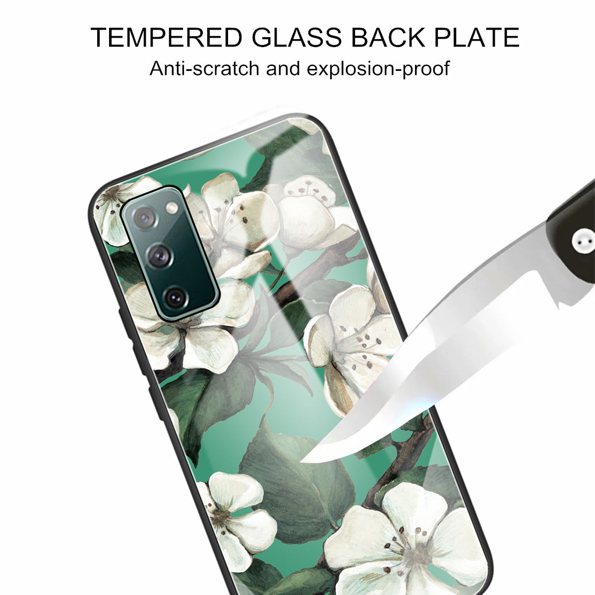 Pattern Printing Tempered Glass + TPU Case Phone Cover for Samsung Galaxy S20 FE/S20 FE 5G/S20 Lite/S20 FE 2022 Phone Shell - White Flower