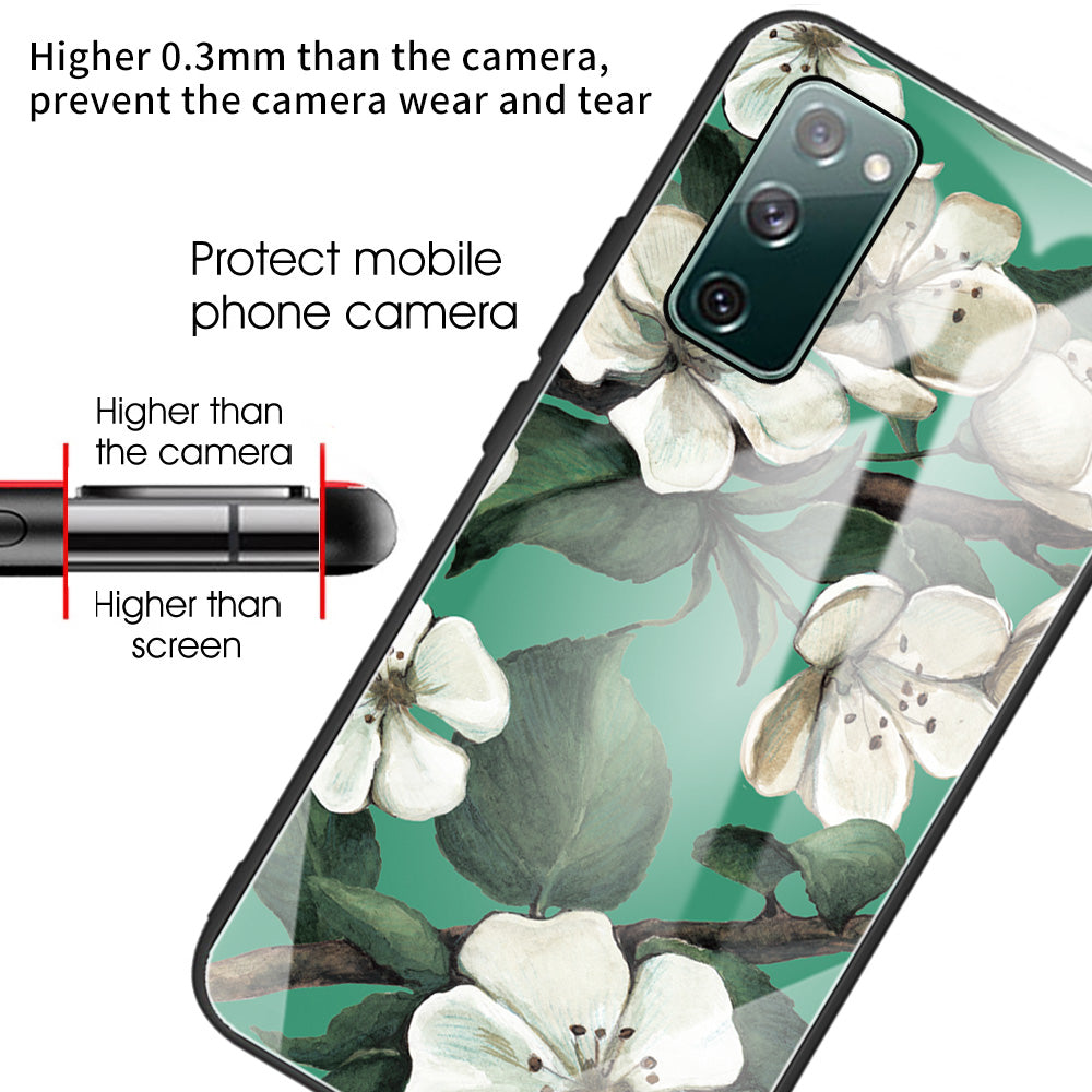 Pattern Printing Tempered Glass + TPU Case Phone Cover for Samsung Galaxy S20 FE/S20 FE 5G/S20 Lite/S20 FE 2022 Phone Shell - White Flower