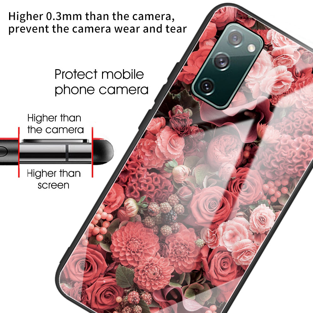 Pattern Printing Tempered Glass + TPU Case Phone Cover for Samsung Galaxy S20 FE/S20 FE 5G/S20 Lite/S20 FE 2022 Phone Shell - Red Flowers