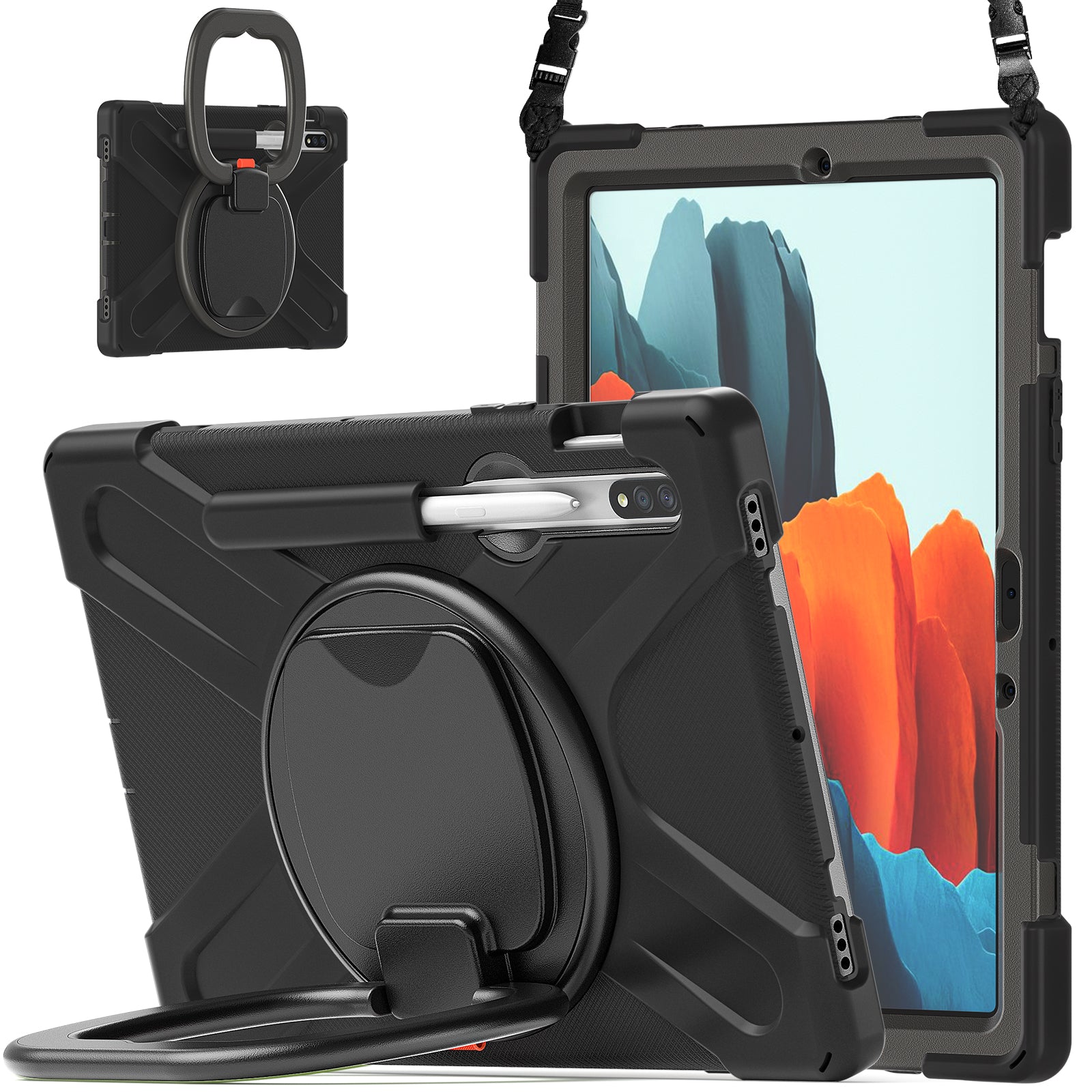 360 Degree Swivel PC + Silicone Kickstand Case with Shoulder Strap for Samsung Galaxy Tab S9 FE / S9 / S7 / Tab S8 - All Balck