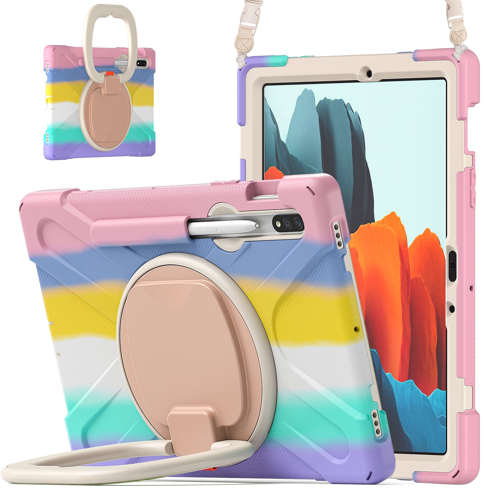 360 Degree Swivel PC + Silicone Kickstand Case with Shoulder Strap for Samsung Galaxy Tab S9 FE / S9 / S7 / Tab S8 - Colorful / Pink