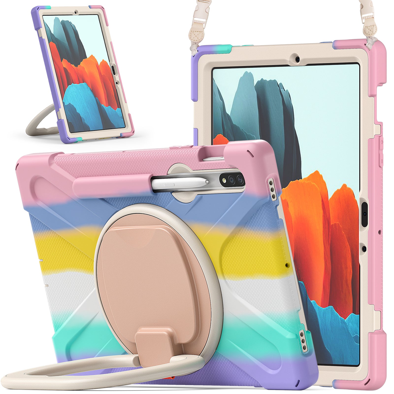 360 Degree Swivel PC + Silicone Kickstand Case with Shoulder Strap for Samsung Galaxy Tab S9 FE / S9 / S7 / Tab S8 - Colorful / Pink