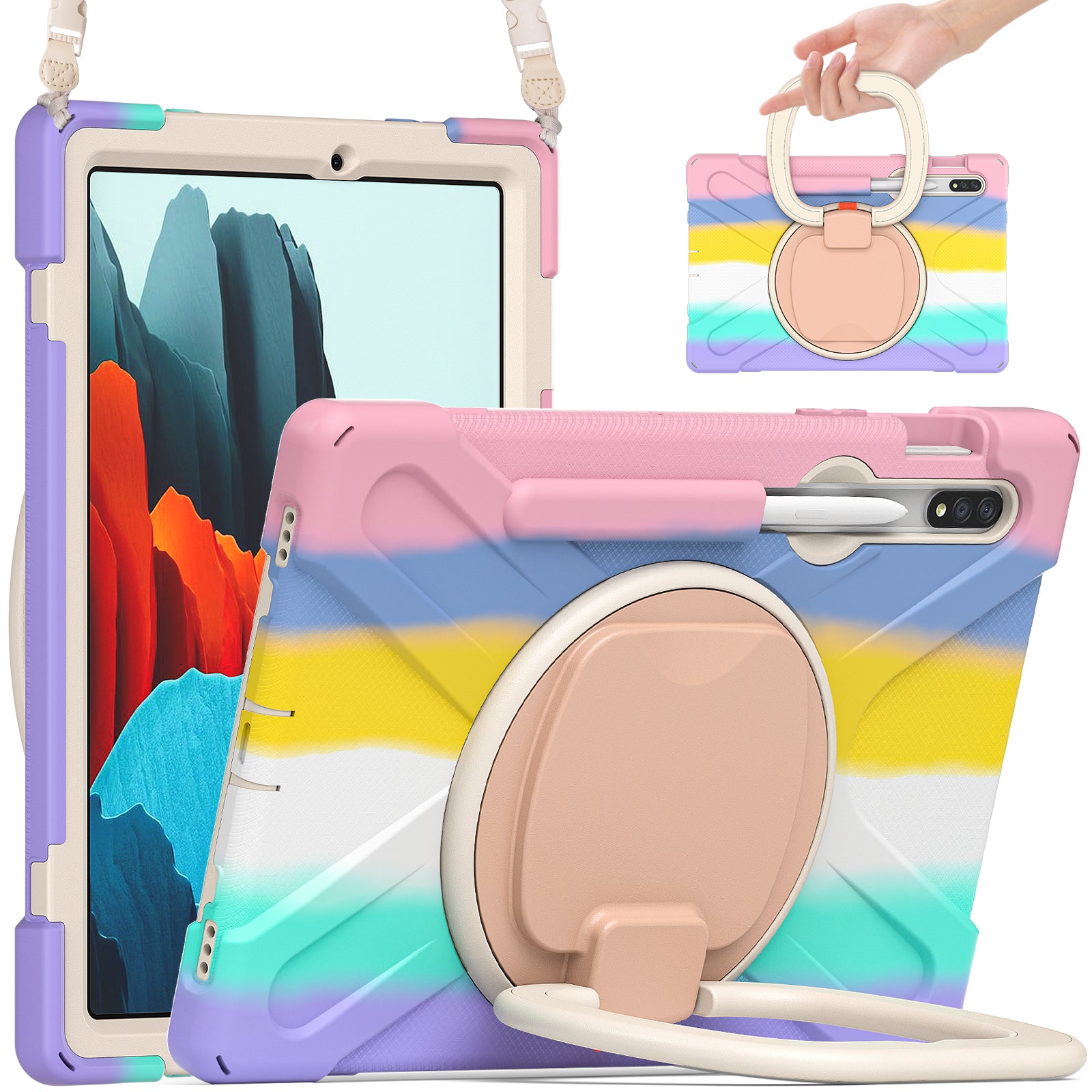 360 Degree Swivel PC + Silicone Kickstand Case with Shoulder Strap for Samsung Galaxy Tab S9 FE / S9 / S7 / Tab S8 - Colorful / Pink