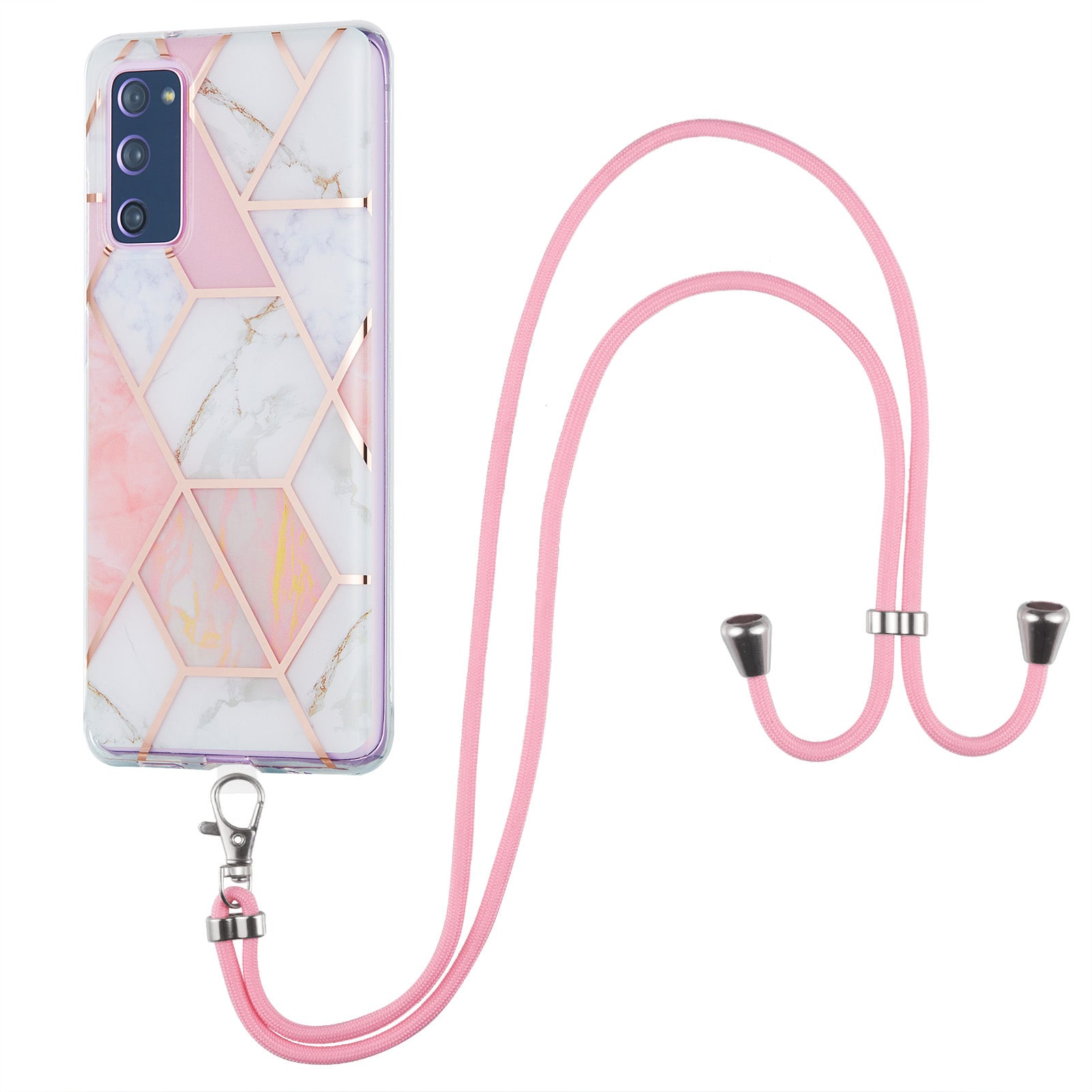 IMD Electroplating Marble Pattern Phone Shell Splicing TPU Protector Cover with Lanyard for Samsung Galaxy S20 FE/S20 Fan Edition/S20 FE 5G/S20 Fan Edition 5G/S20 Lite/S20 FE 2022 - Pink/White