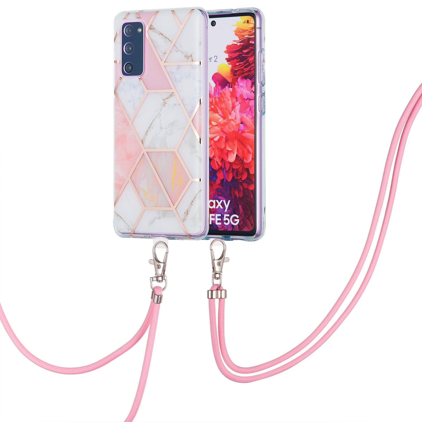 IMD Electroplating Marble Pattern Phone Shell Splicing TPU Protector Cover with Lanyard for Samsung Galaxy S20 FE/S20 Fan Edition/S20 FE 5G/S20 Fan Edition 5G/S20 Lite/S20 FE 2022 - Pink/White