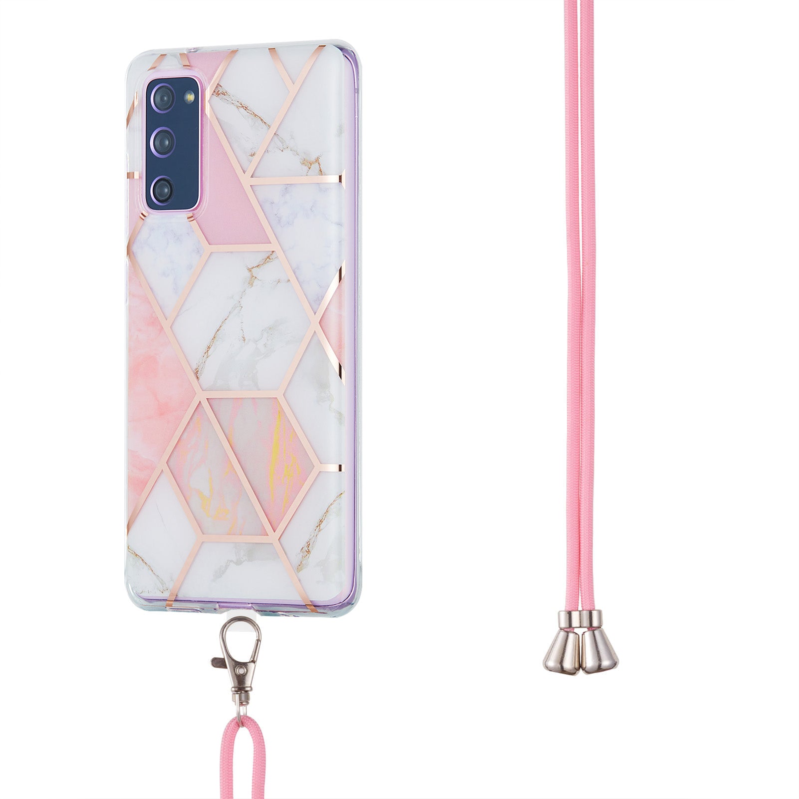 IMD Electroplating Marble Pattern Phone Shell Splicing TPU Protector Cover with Lanyard for Samsung Galaxy S20 FE/S20 Fan Edition/S20 FE 5G/S20 Fan Edition 5G/S20 Lite/S20 FE 2022 - Pink/White