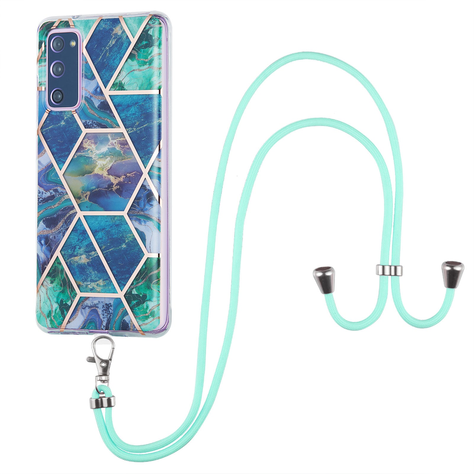 IMD Electroplating Marble Pattern Phone Shell Splicing TPU Protector Cover with Lanyard for Samsung Galaxy S20 FE/S20 Fan Edition/S20 FE 5G/S20 Fan Edition 5G/S20 Lite/S20 FE 2022 - Blue/Green