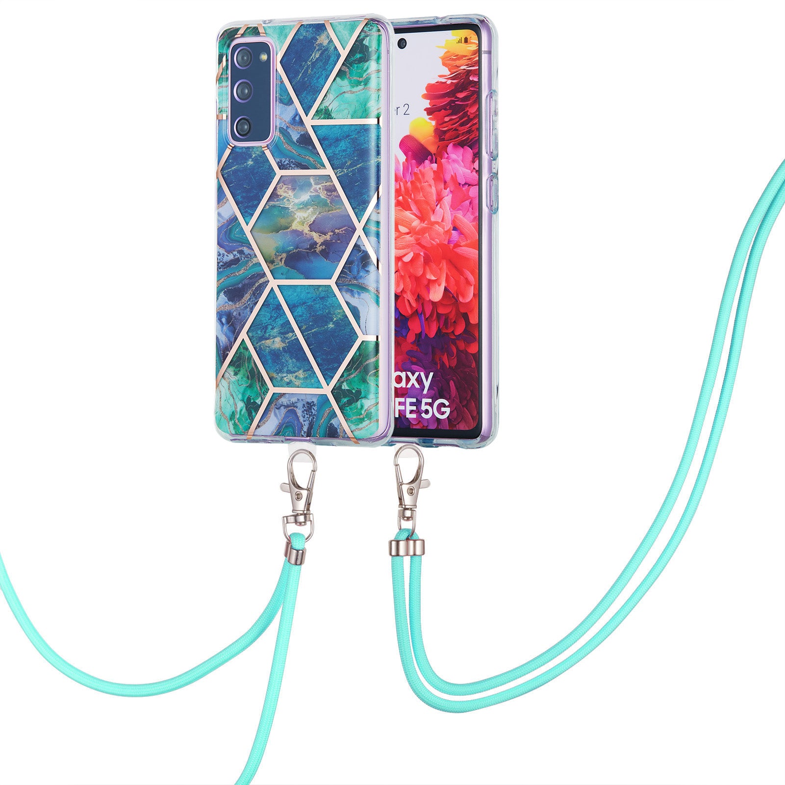 IMD Electroplating Marble Pattern Phone Shell Splicing TPU Protector Cover with Lanyard for Samsung Galaxy S20 FE/S20 Fan Edition/S20 FE 5G/S20 Fan Edition 5G/S20 Lite/S20 FE 2022 - Blue/Green