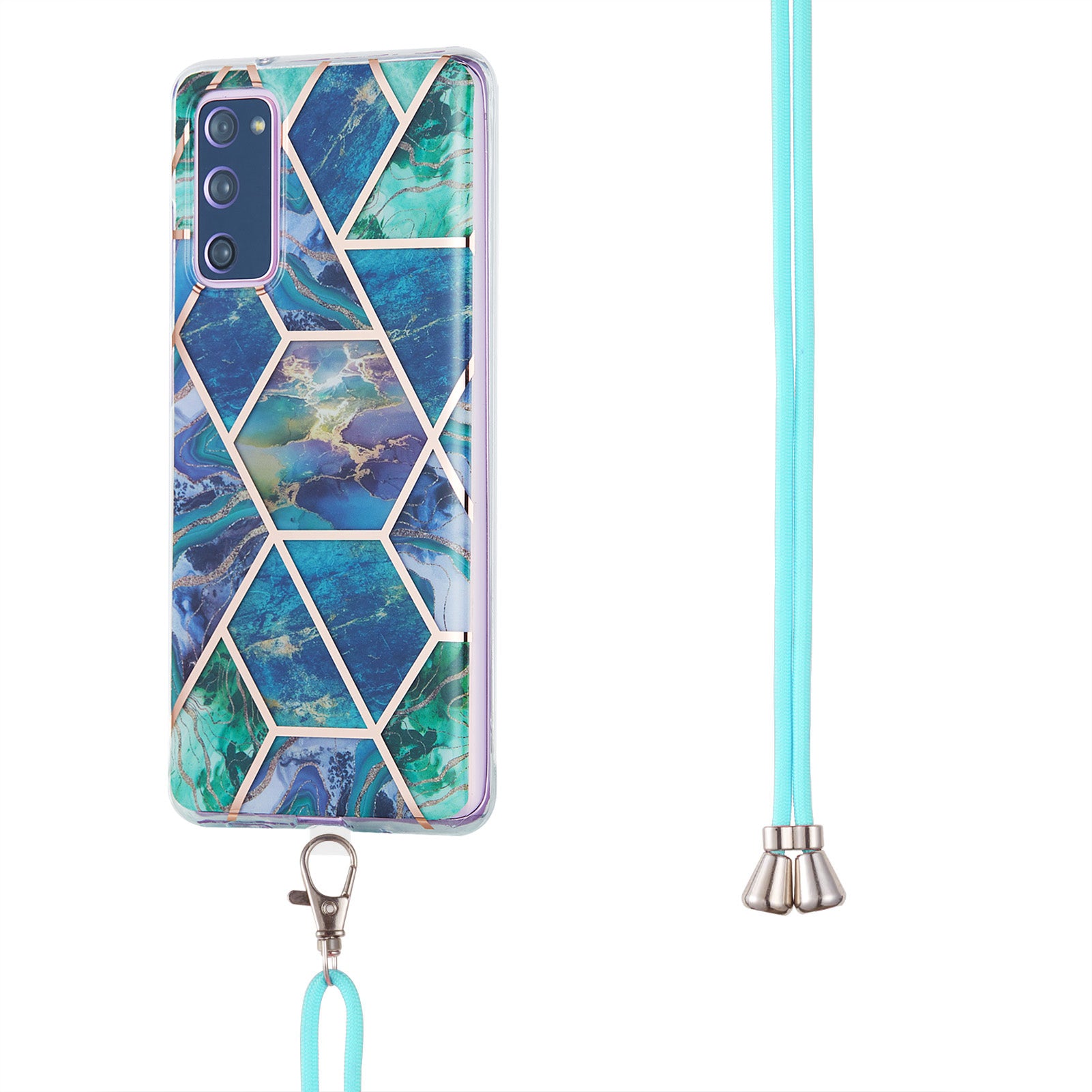 IMD Electroplating Marble Pattern Phone Shell Splicing TPU Protector Cover with Lanyard for Samsung Galaxy S20 FE/S20 Fan Edition/S20 FE 5G/S20 Fan Edition 5G/S20 Lite/S20 FE 2022 - Blue/Green