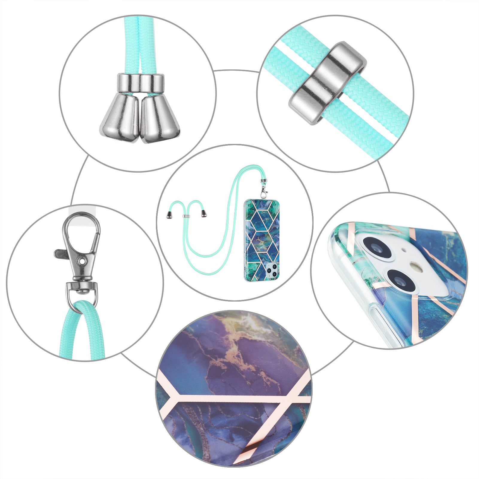 IMD Electroplating Marble Pattern Phone Shell Splicing TPU Protector Cover with Lanyard for Samsung Galaxy S20 FE/S20 Fan Edition/S20 FE 5G/S20 Fan Edition 5G/S20 Lite/S20 FE 2022 - Blue/Green