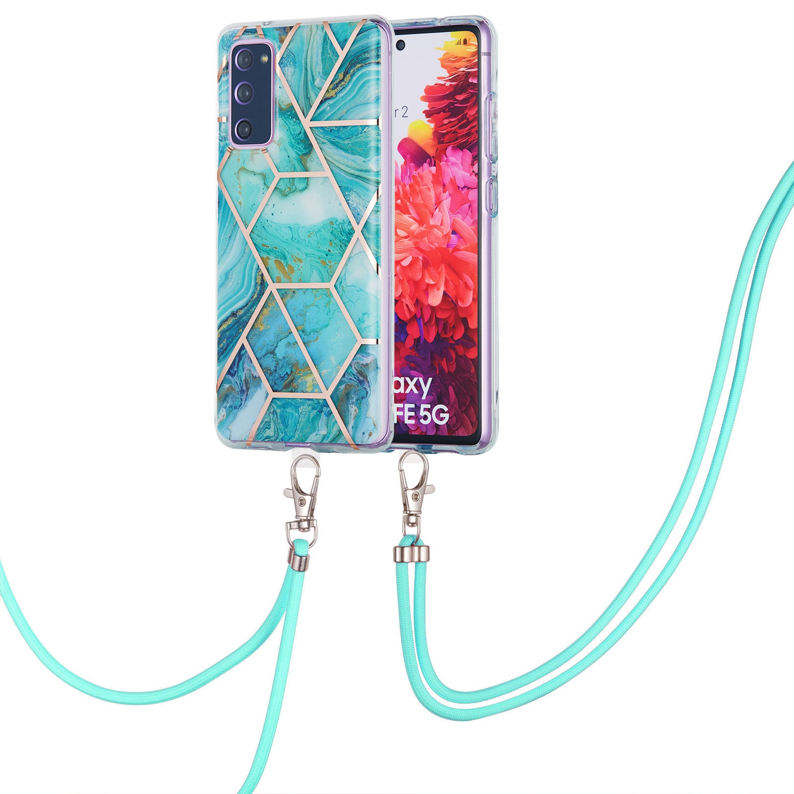 IMD Electroplating Marble Pattern Phone Shell Splicing TPU Protector Cover with Lanyard for Samsung Galaxy S20 FE/S20 Fan Edition/S20 FE 5G/S20 Fan Edition 5G/S20 Lite/S20 FE 2022 - Blue