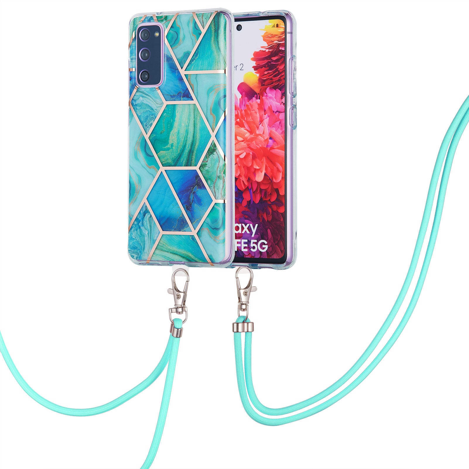 IMD Electroplating Marble Pattern Phone Shell Splicing TPU Protector Cover with Lanyard for Samsung Galaxy S20 FE/S20 Fan Edition/S20 FE 5G/S20 Fan Edition 5G/S20 Lite/S20 FE 2022 - Green