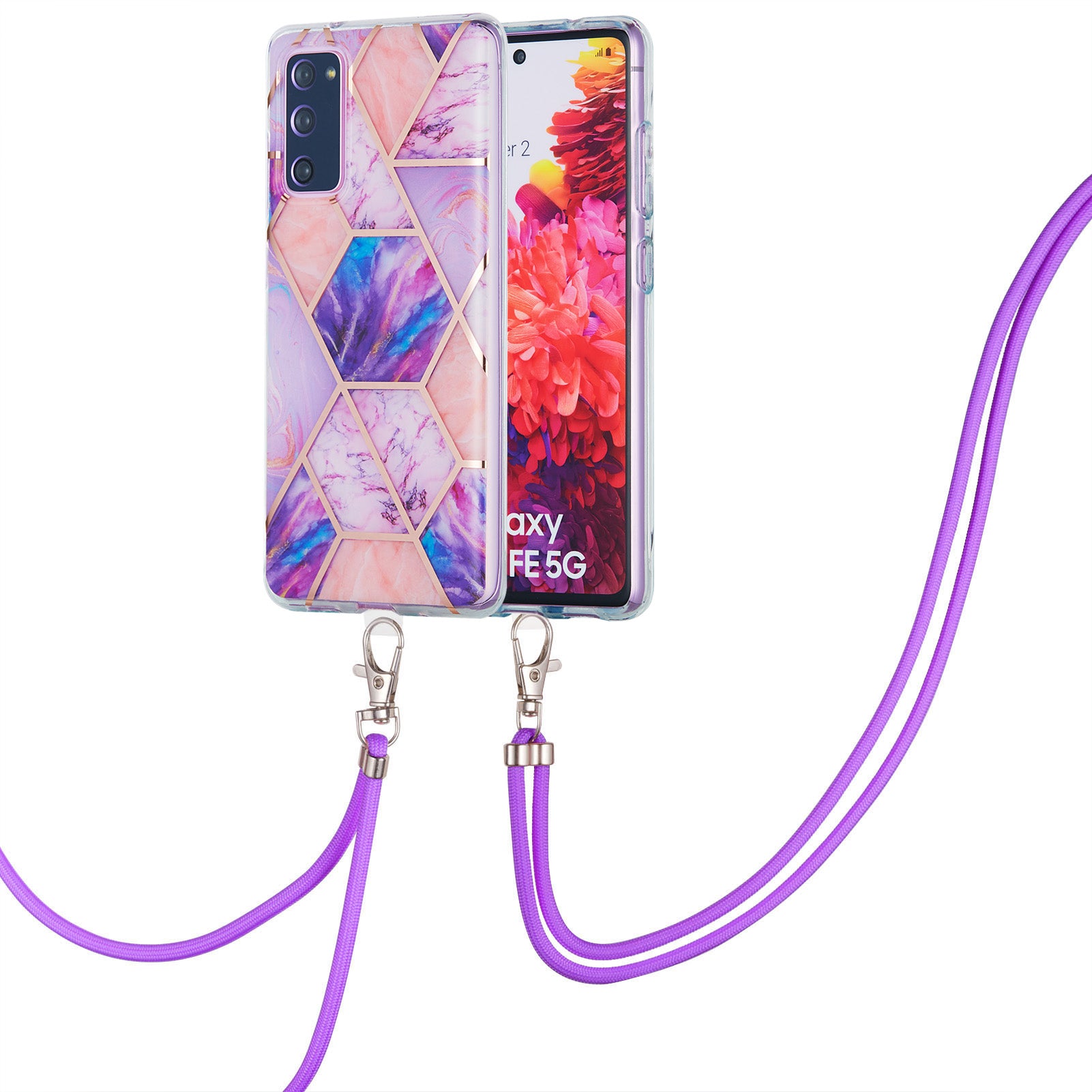 IMD Electroplating Marble Pattern Phone Shell Splicing TPU Protector Cover with Lanyard for Samsung Galaxy S20 FE/S20 Fan Edition/S20 FE 5G/S20 Fan Edition 5G/S20 Lite/S20 FE 2022 - Light Purple