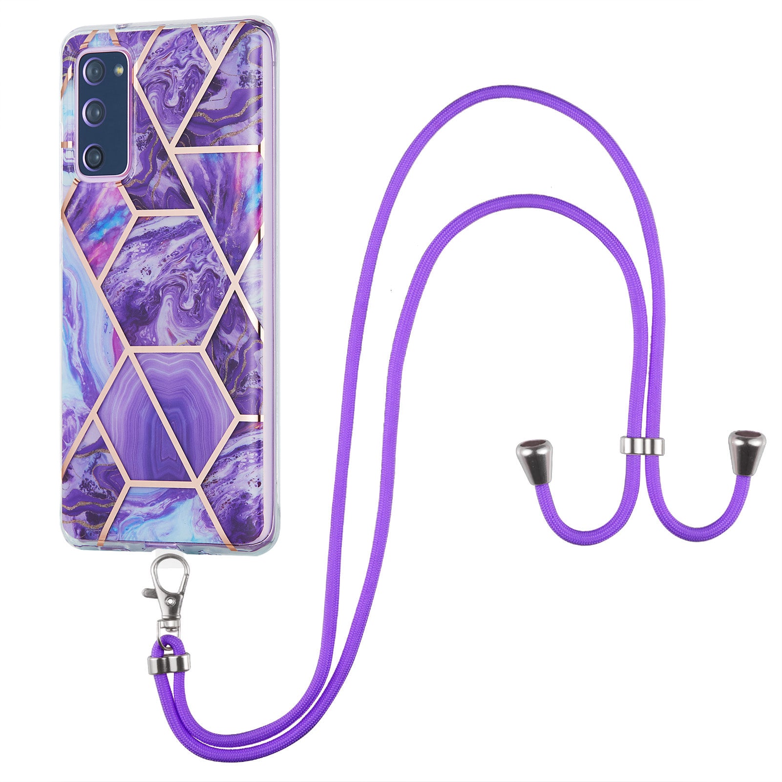 IMD Electroplating Marble Pattern Phone Shell Splicing TPU Protector Cover with Lanyard for Samsung Galaxy S20 FE/S20 Fan Edition/S20 FE 5G/S20 Fan Edition 5G/S20 Lite/S20 FE 2022 - Dark Purple