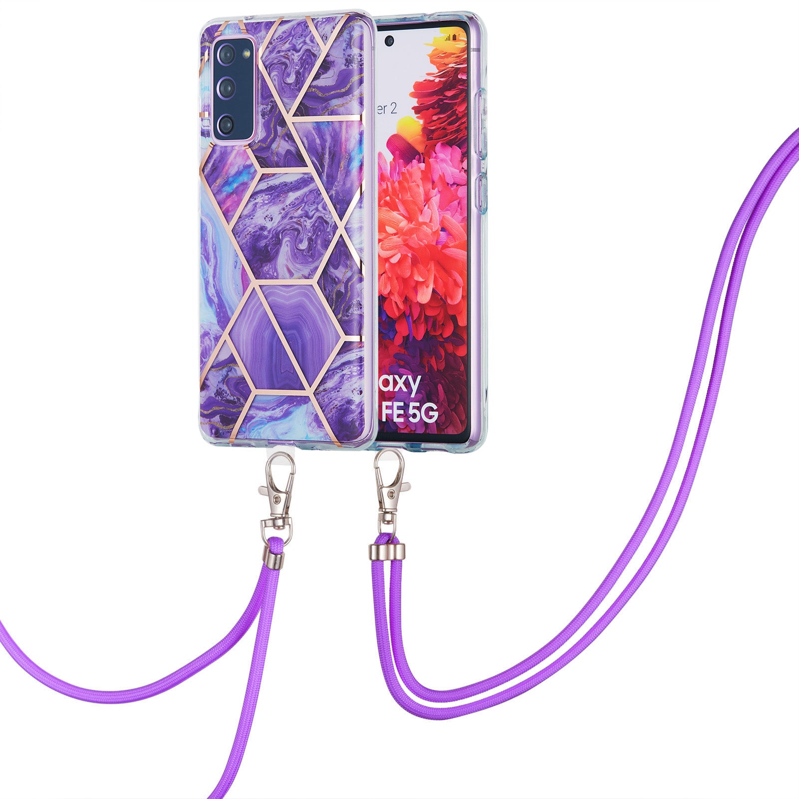 IMD Electroplating Marble Pattern Phone Shell Splicing TPU Protector Cover with Lanyard for Samsung Galaxy S20 FE/S20 Fan Edition/S20 FE 5G/S20 Fan Edition 5G/S20 Lite/S20 FE 2022 - Dark Purple