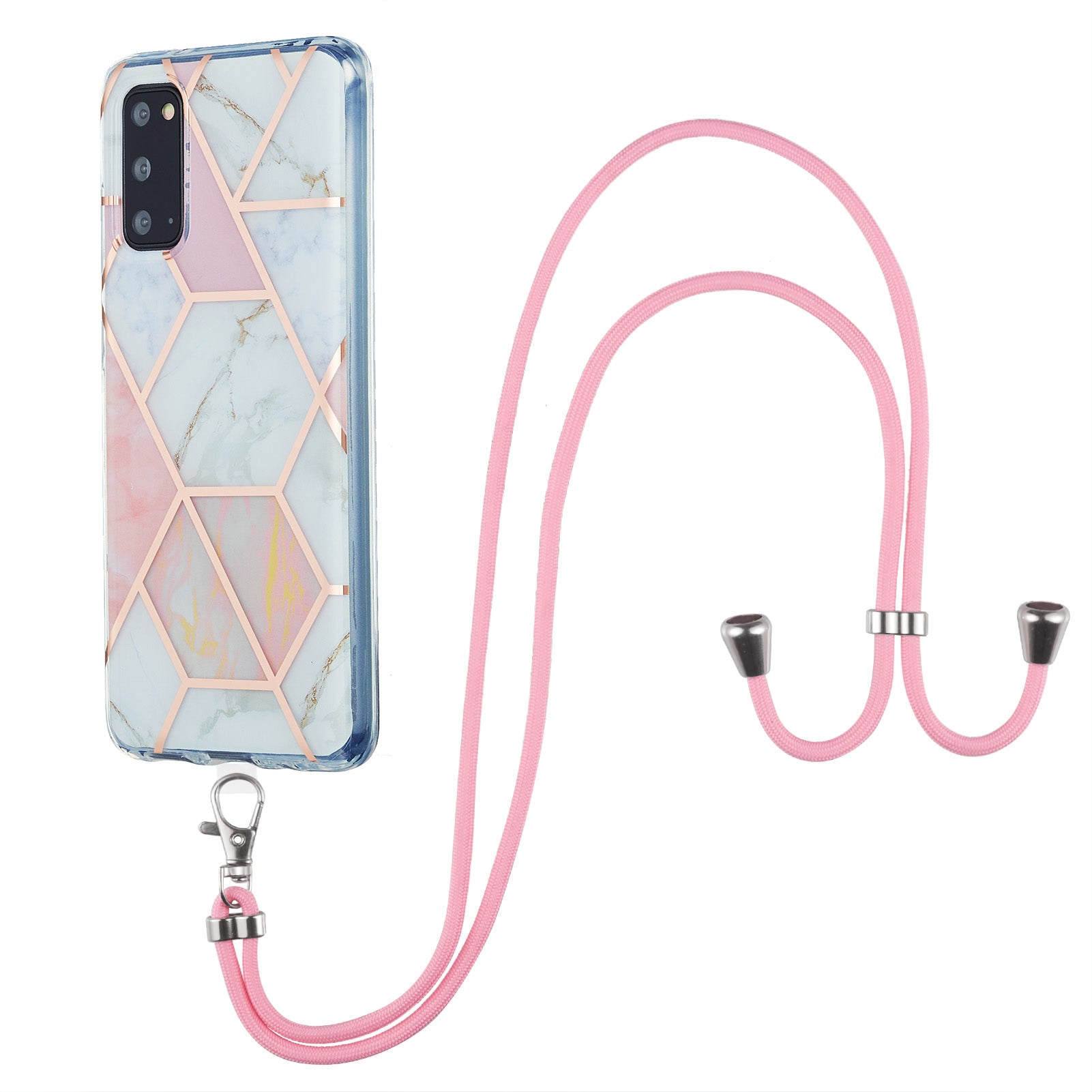 2.0mm IMD Electroplating Marble Pattern Protective Shell Case with Lanyard for Samsung Galaxy S20 4G/S20 5G - Pink/White