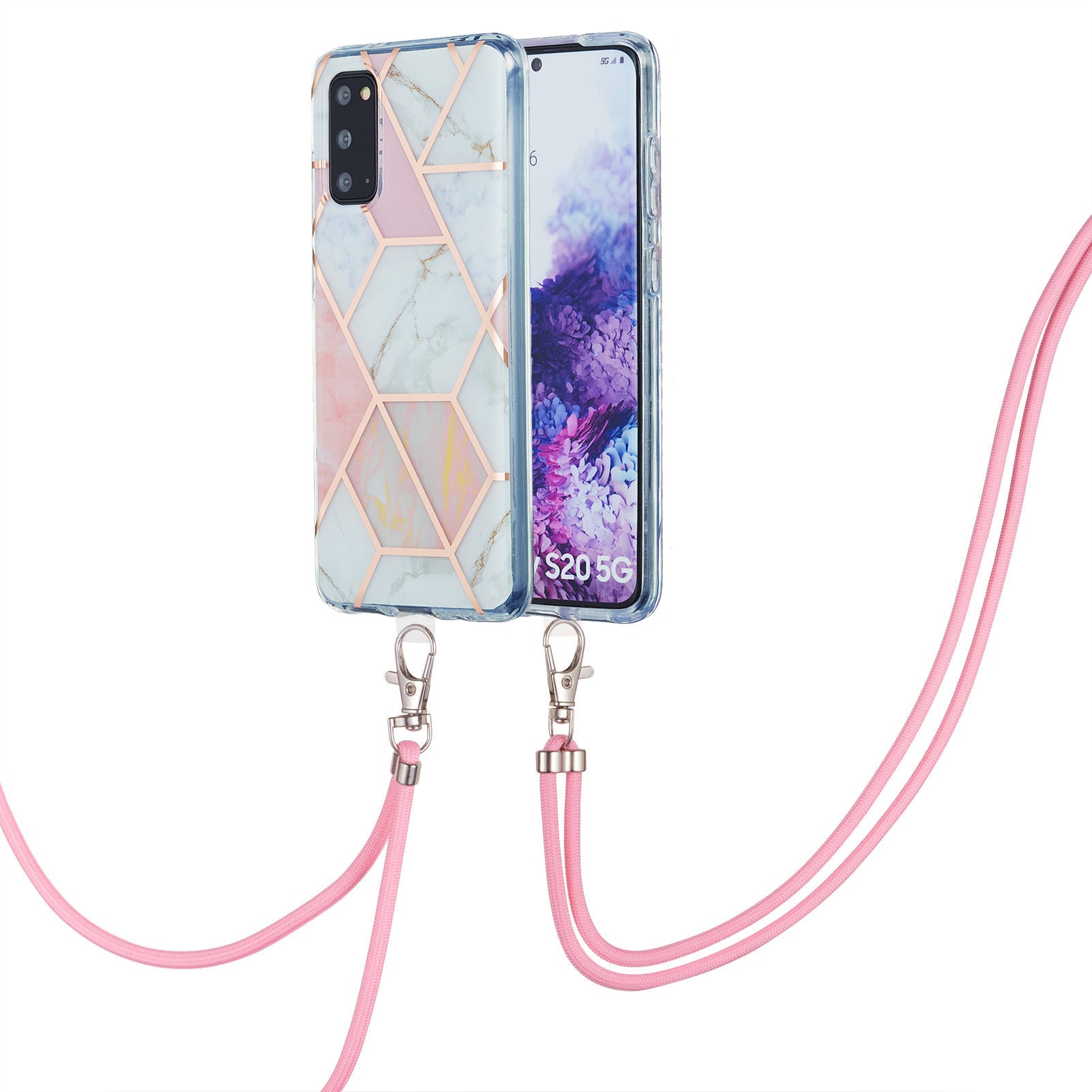 2.0mm IMD Electroplating Marble Pattern Protective Shell Case with Lanyard for Samsung Galaxy S20 4G/S20 5G - Pink/White