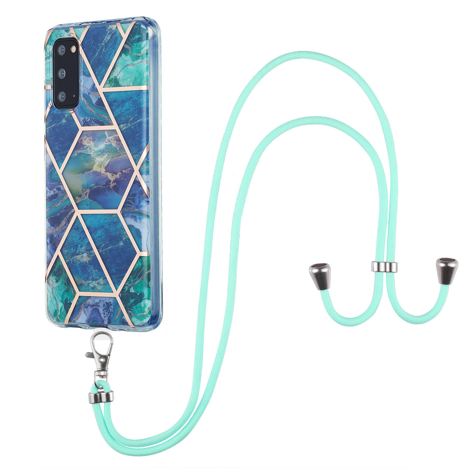 2.0mm IMD Electroplating Marble Pattern Protective Shell Case with Lanyard for Samsung Galaxy S20 4G/S20 5G - Blue/Green