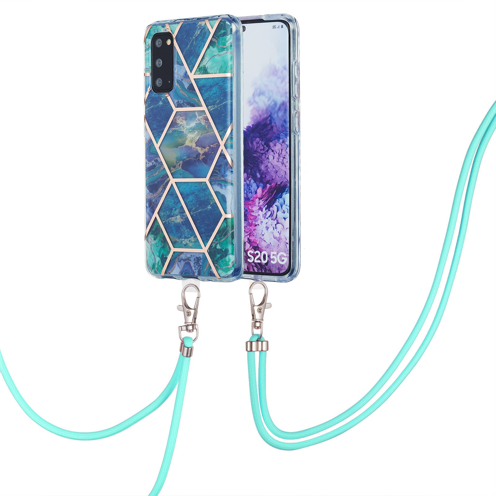 2.0mm IMD Electroplating Marble Pattern Protective Shell Case with Lanyard for Samsung Galaxy S20 4G/S20 5G - Blue/Green