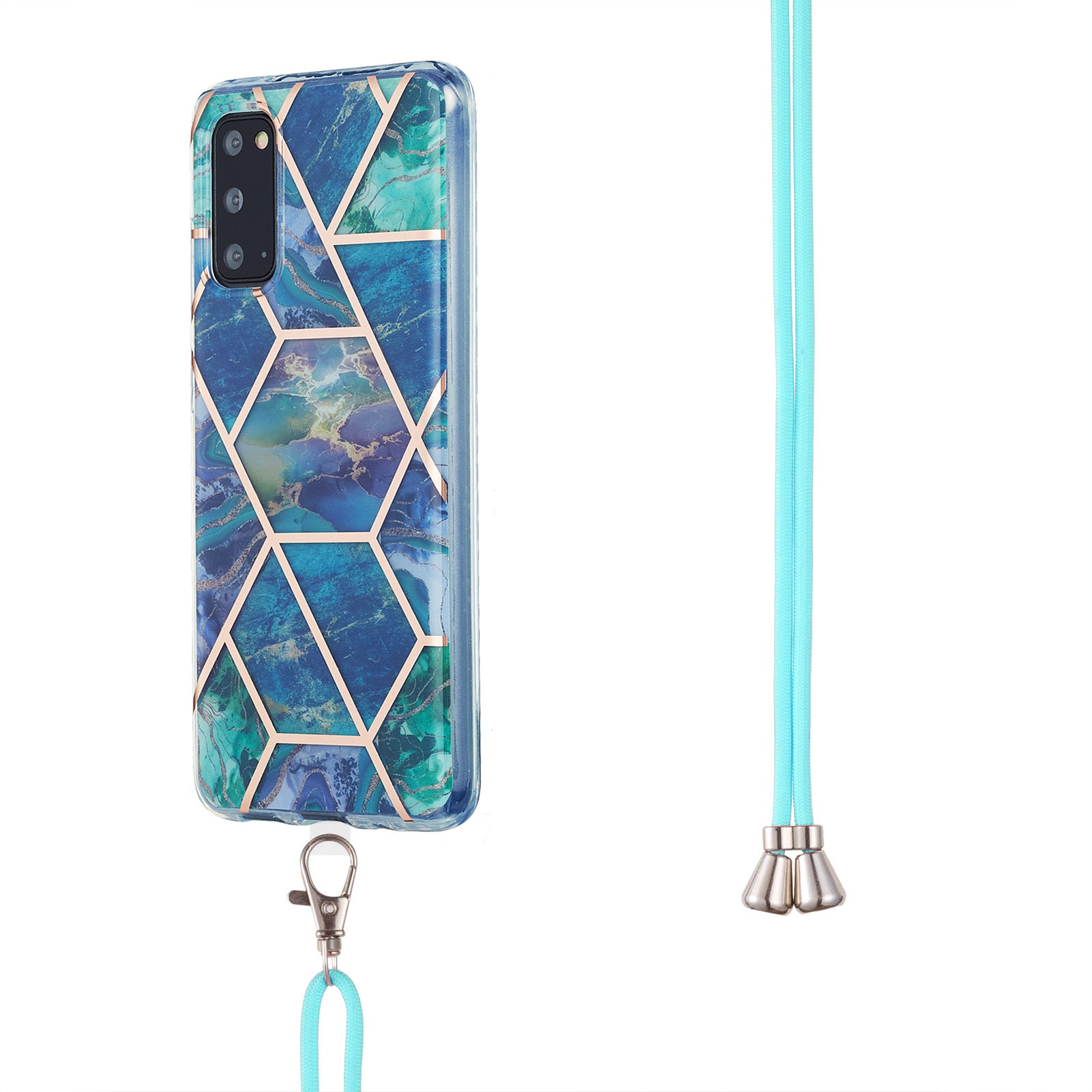 2.0mm IMD Electroplating Marble Pattern Protective Shell Case with Lanyard for Samsung Galaxy S20 4G/S20 5G - Blue/Green