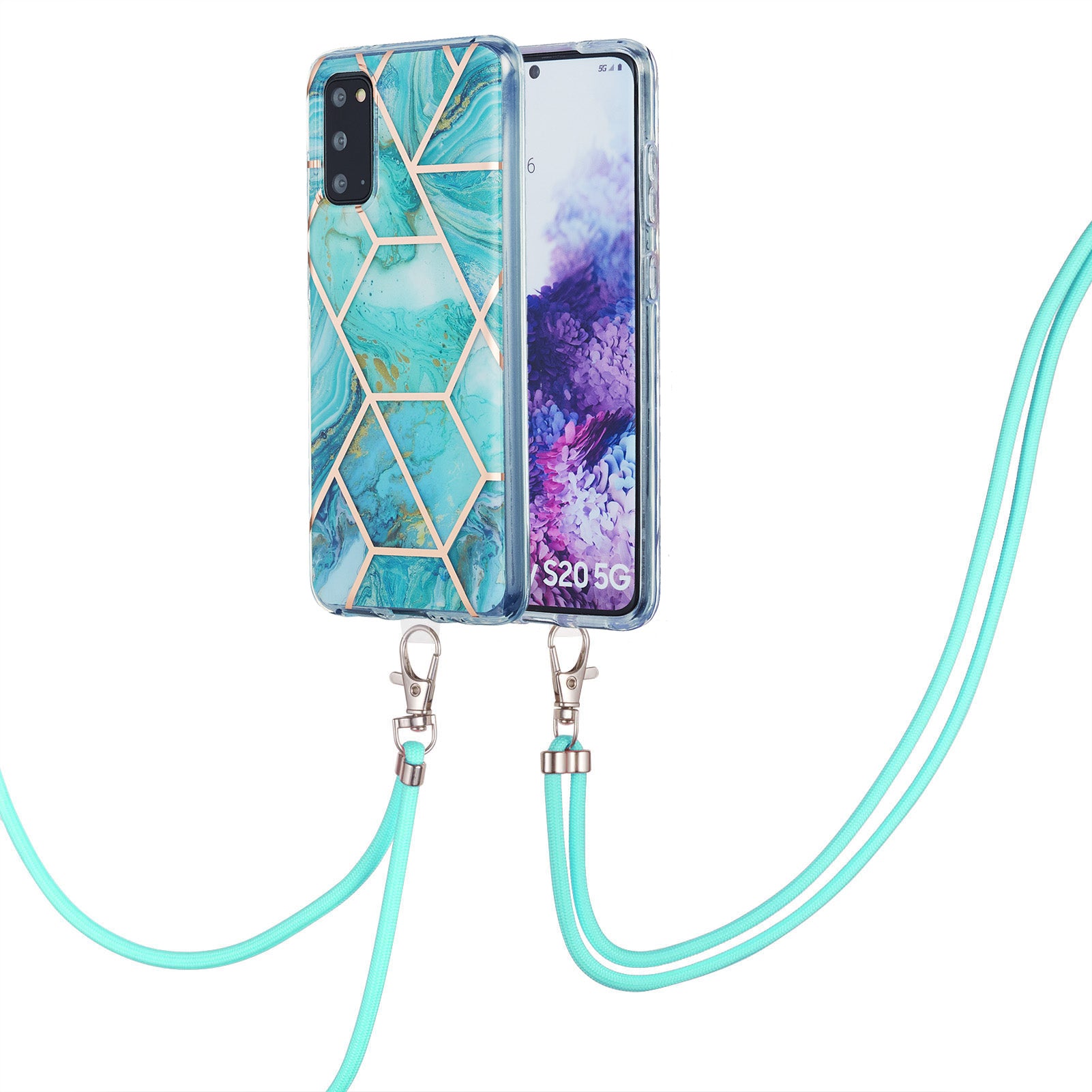 2.0mm IMD Electroplating Marble Pattern Protective Shell Case with Lanyard for Samsung Galaxy S20 4G/S20 5G - Blue