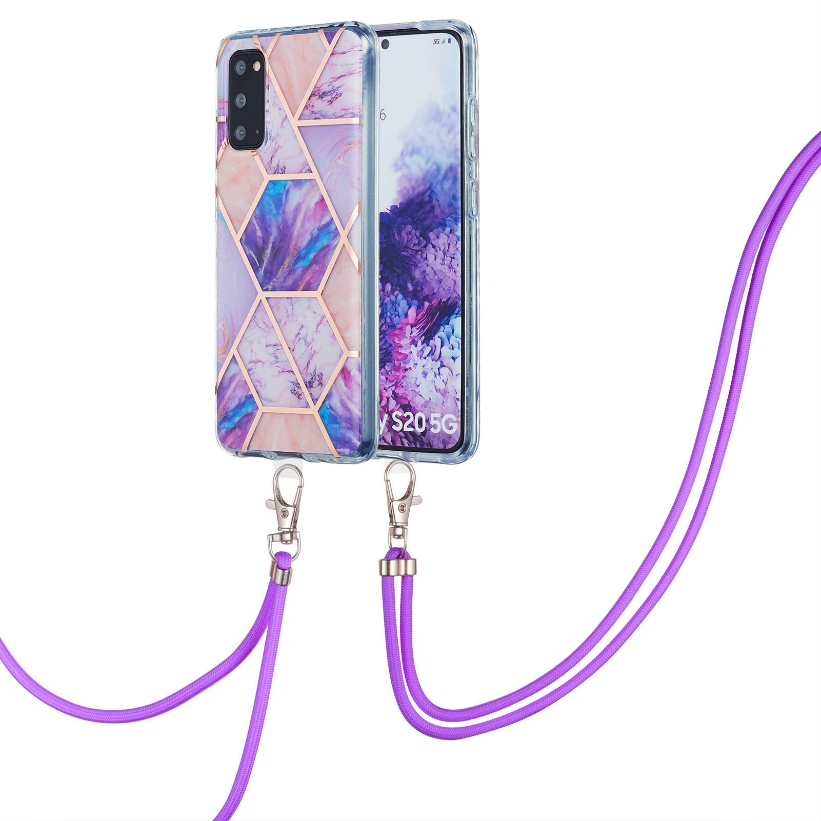 2.0mm IMD Electroplating Marble Pattern Protective Shell Case with Lanyard for Samsung Galaxy S20 4G/S20 5G - Light Purple