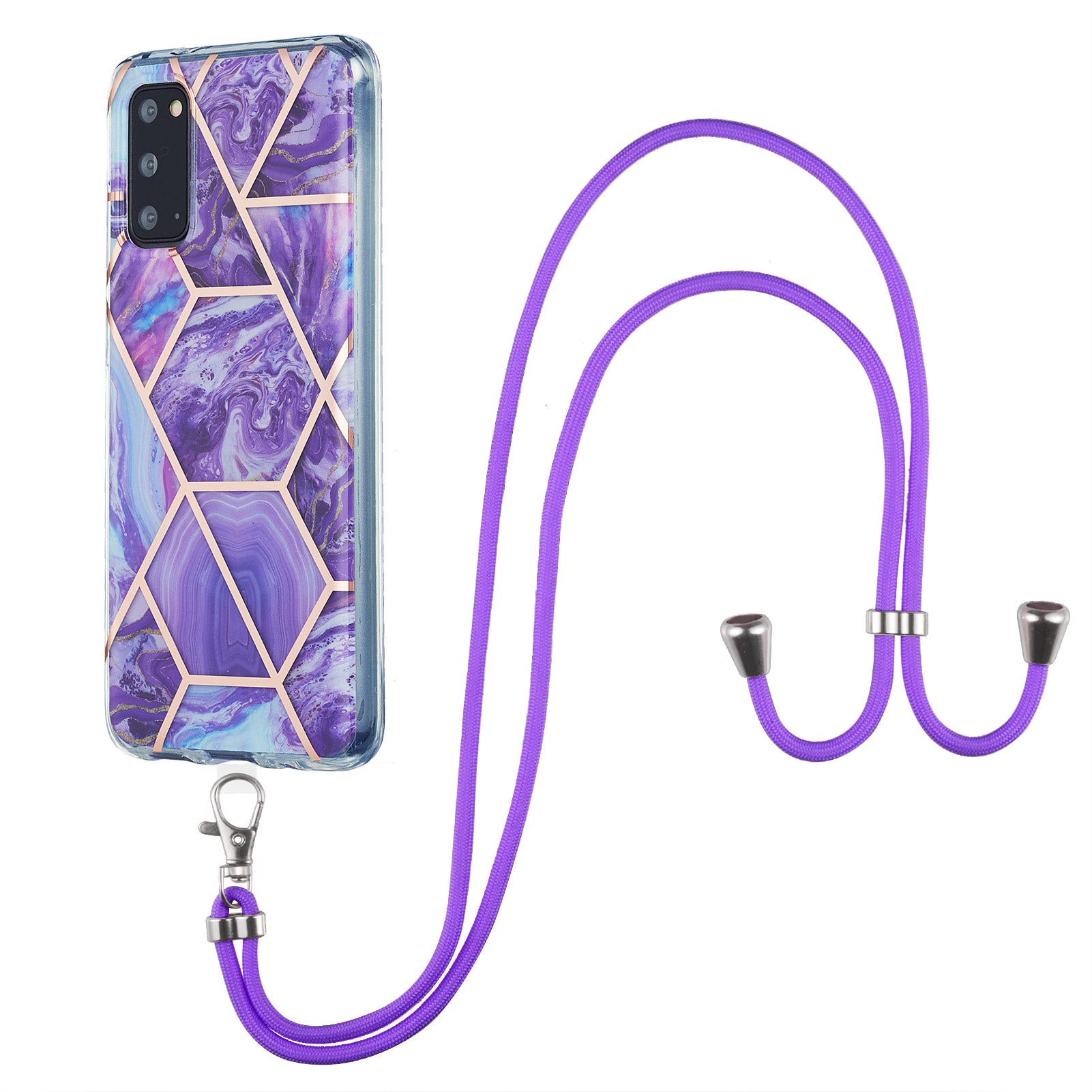 2.0mm IMD Electroplating Marble Pattern Protective Shell Case with Lanyard for Samsung Galaxy S20 4G/S20 5G - Dark Purple