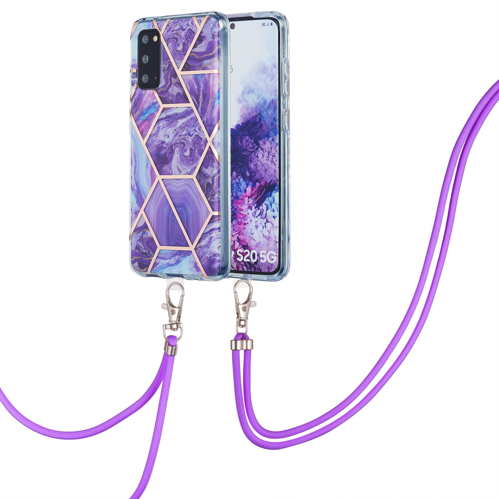 2.0mm IMD Electroplating Marble Pattern Protective Shell Case with Lanyard for Samsung Galaxy S20 4G/S20 5G - Dark Purple