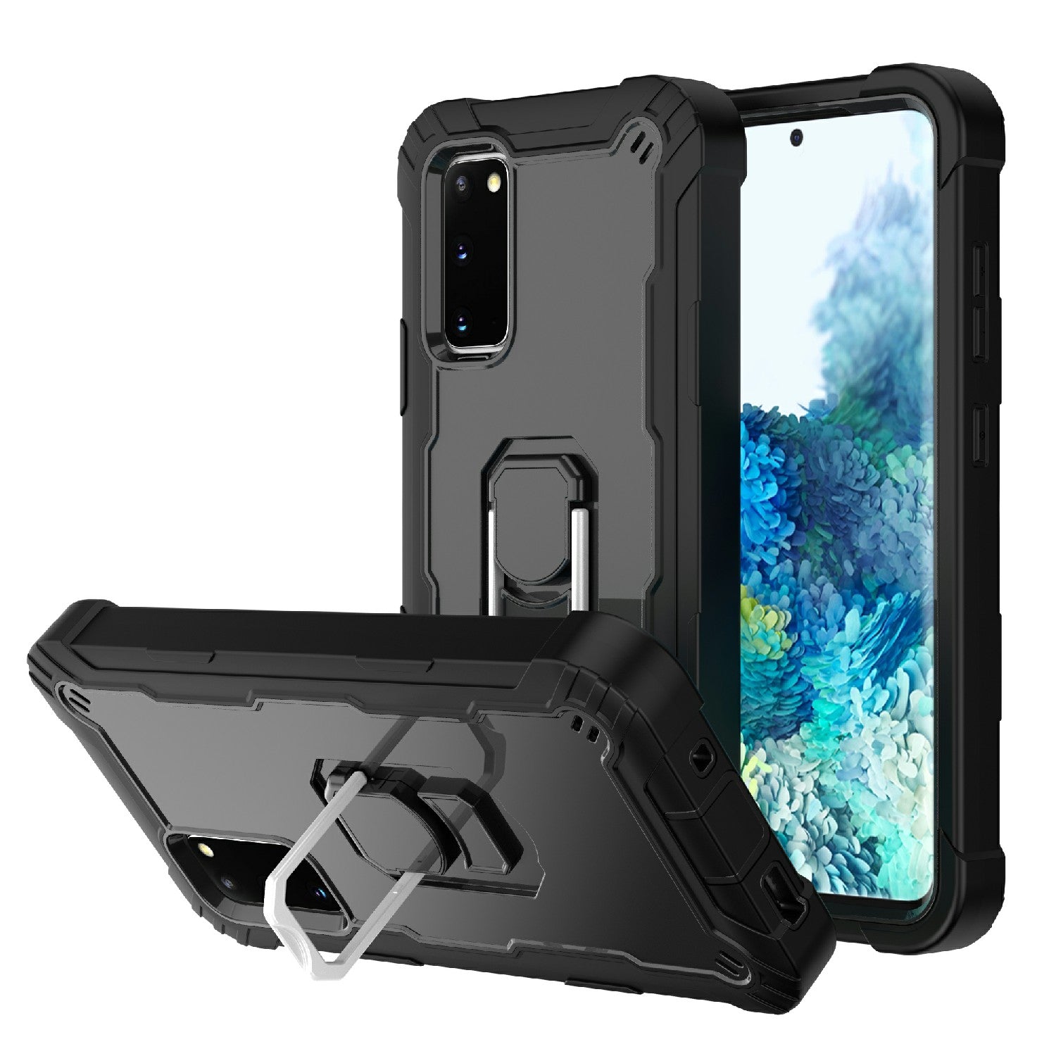 Shockproof PC + Silicone Phone Case with Built-in Kickstand Design for Samsung Galaxy S20 FE/S20 Fan Edition/S20 FE 5G/S20 Fan Edition 5G/S20 Lite/S20 FE 2022 - Black/Black