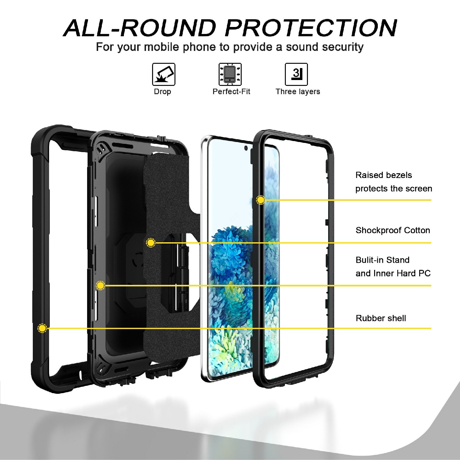 Shockproof PC + Silicone Phone Case with Built-in Kickstand Design for Samsung Galaxy S20 FE/S20 Fan Edition/S20 FE 5G/S20 Fan Edition 5G/S20 Lite/S20 FE 2022 - Black/Black