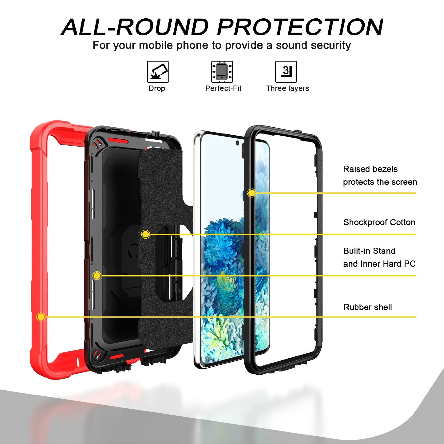 Shockproof PC + Silicone Phone Case with Built-in Kickstand Design for Samsung Galaxy S20 FE/S20 Fan Edition/S20 FE 5G/S20 Fan Edition 5G/S20 Lite/S20 FE 2022 - Red/Black