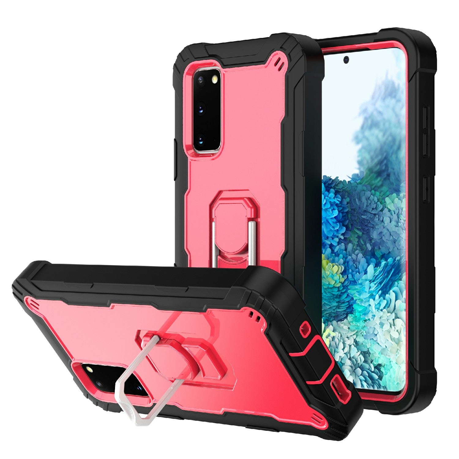 Shockproof PC + Silicone Phone Case with Built-in Kickstand Design for Samsung Galaxy S20 FE/S20 Fan Edition/S20 FE 5G/S20 Fan Edition 5G/S20 Lite/S20 FE 2022 - Black/Rose Red