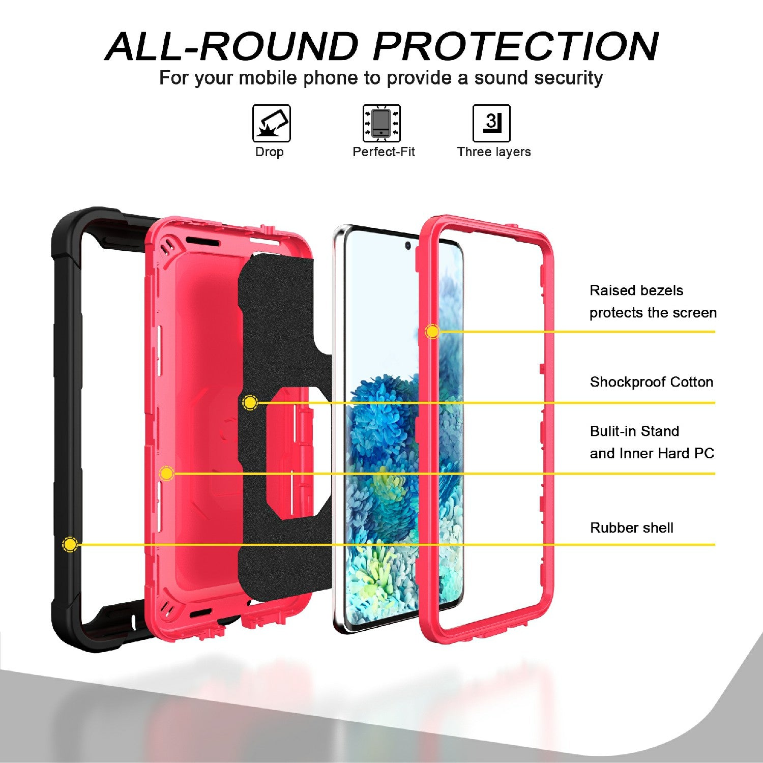 Shockproof PC + Silicone Phone Case with Built-in Kickstand Design for Samsung Galaxy S20 FE/S20 Fan Edition/S20 FE 5G/S20 Fan Edition 5G/S20 Lite/S20 FE 2022 - Black/Rose Red