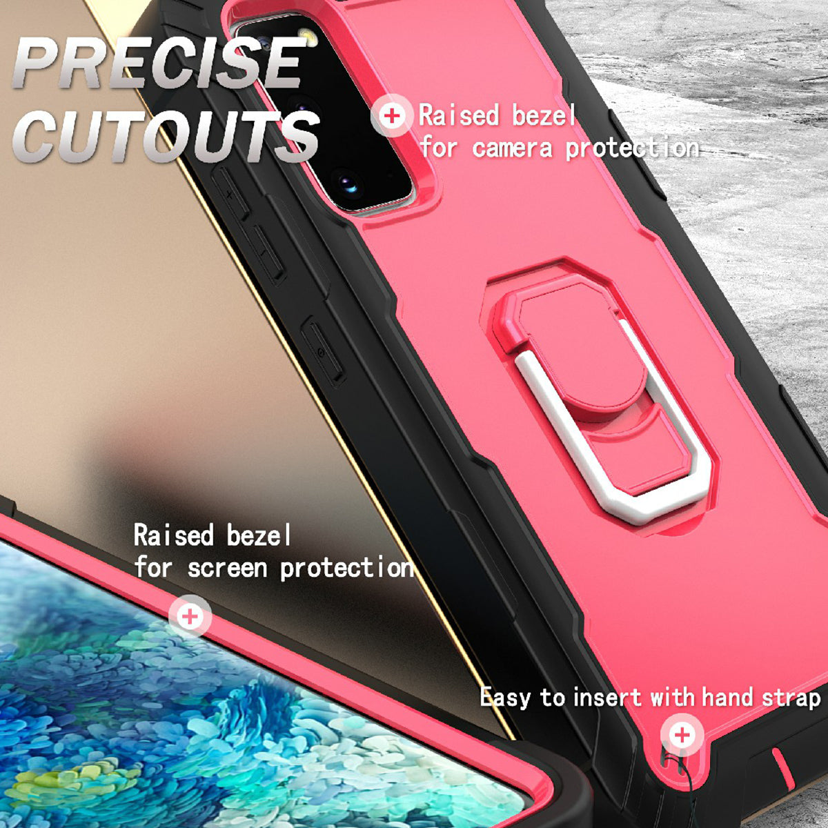 Shockproof PC + Silicone Phone Case with Built-in Kickstand Design for Samsung Galaxy S20 FE/S20 Fan Edition/S20 FE 5G/S20 Fan Edition 5G/S20 Lite/S20 FE 2022 - Black/Rose Red