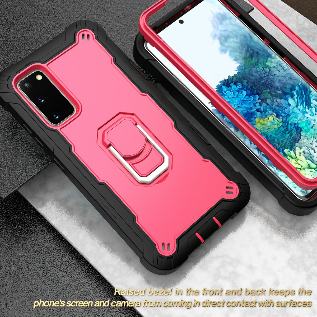 Shockproof PC + Silicone Phone Case with Built-in Kickstand Design for Samsung Galaxy S20 FE/S20 Fan Edition/S20 FE 5G/S20 Fan Edition 5G/S20 Lite/S20 FE 2022 - Black/Rose Red