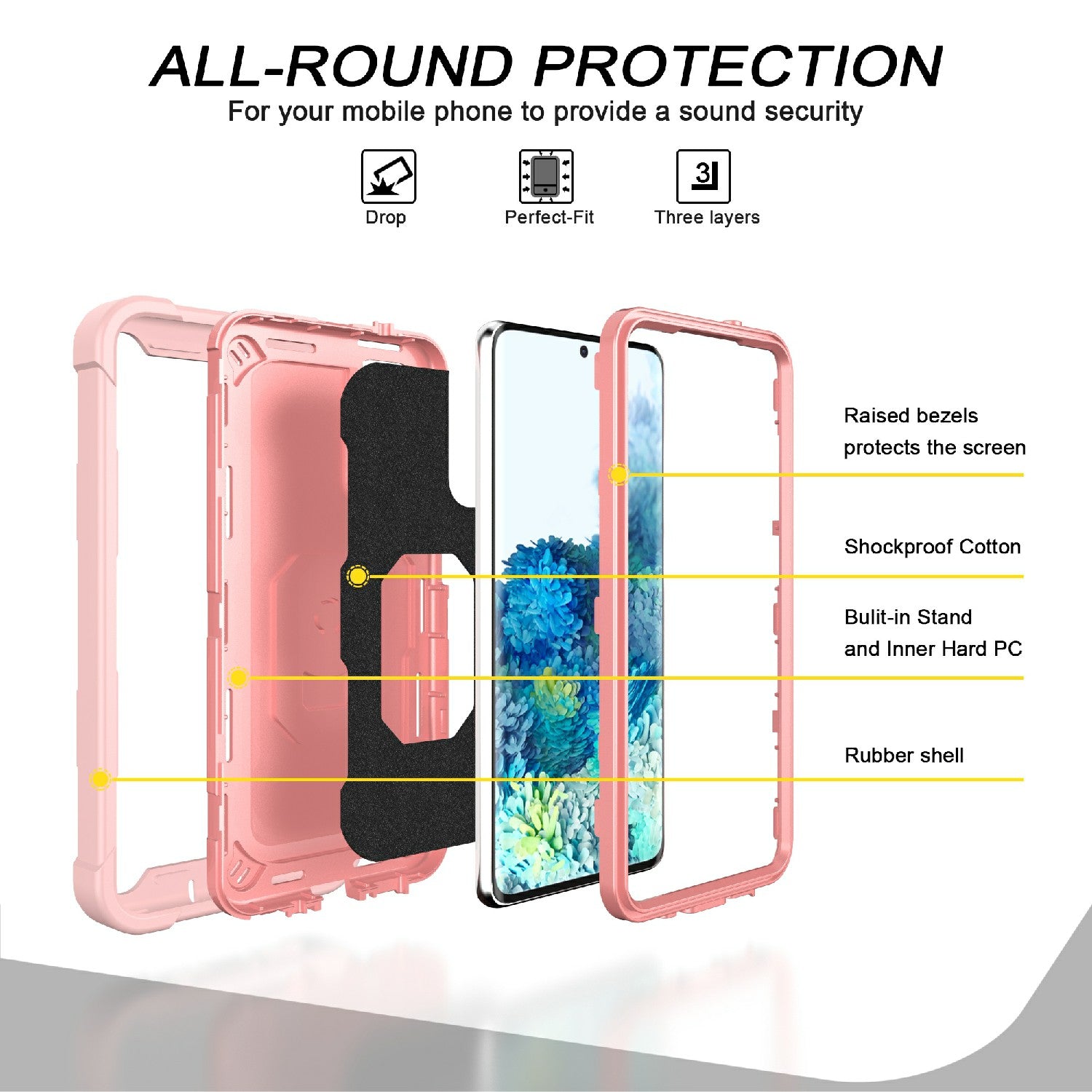 Shockproof PC + Silicone Phone Case with Built-in Kickstand Design for Samsung Galaxy S20 FE/S20 Fan Edition/S20 FE 5G/S20 Fan Edition 5G/S20 Lite/S20 FE 2022 - Rose Gold