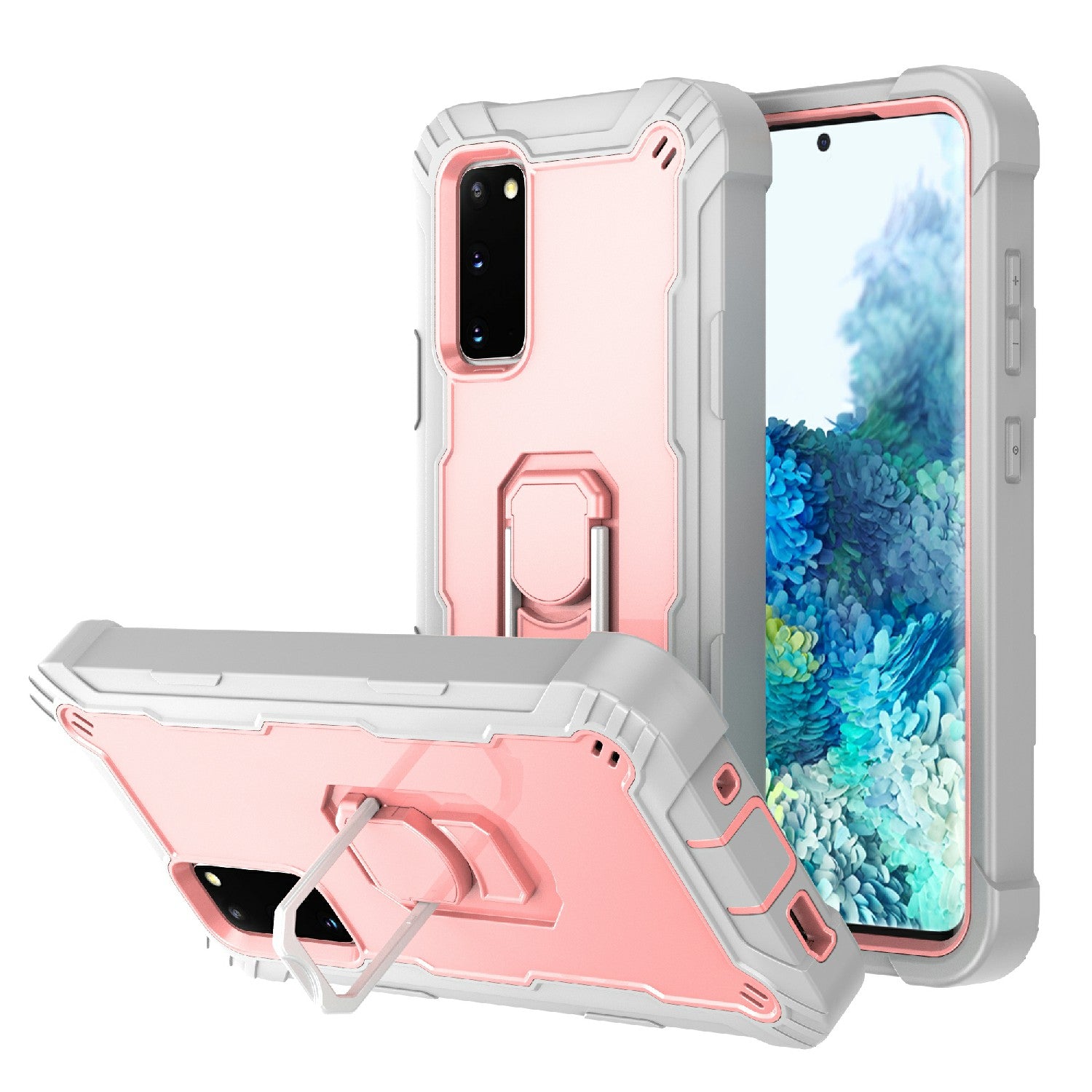 Shockproof PC + Silicone Phone Case with Built-in Kickstand Design for Samsung Galaxy S20 FE/S20 Fan Edition/S20 FE 5G/S20 Fan Edition 5G/S20 Lite/S20 FE 2022 - Grey/Rose Gold