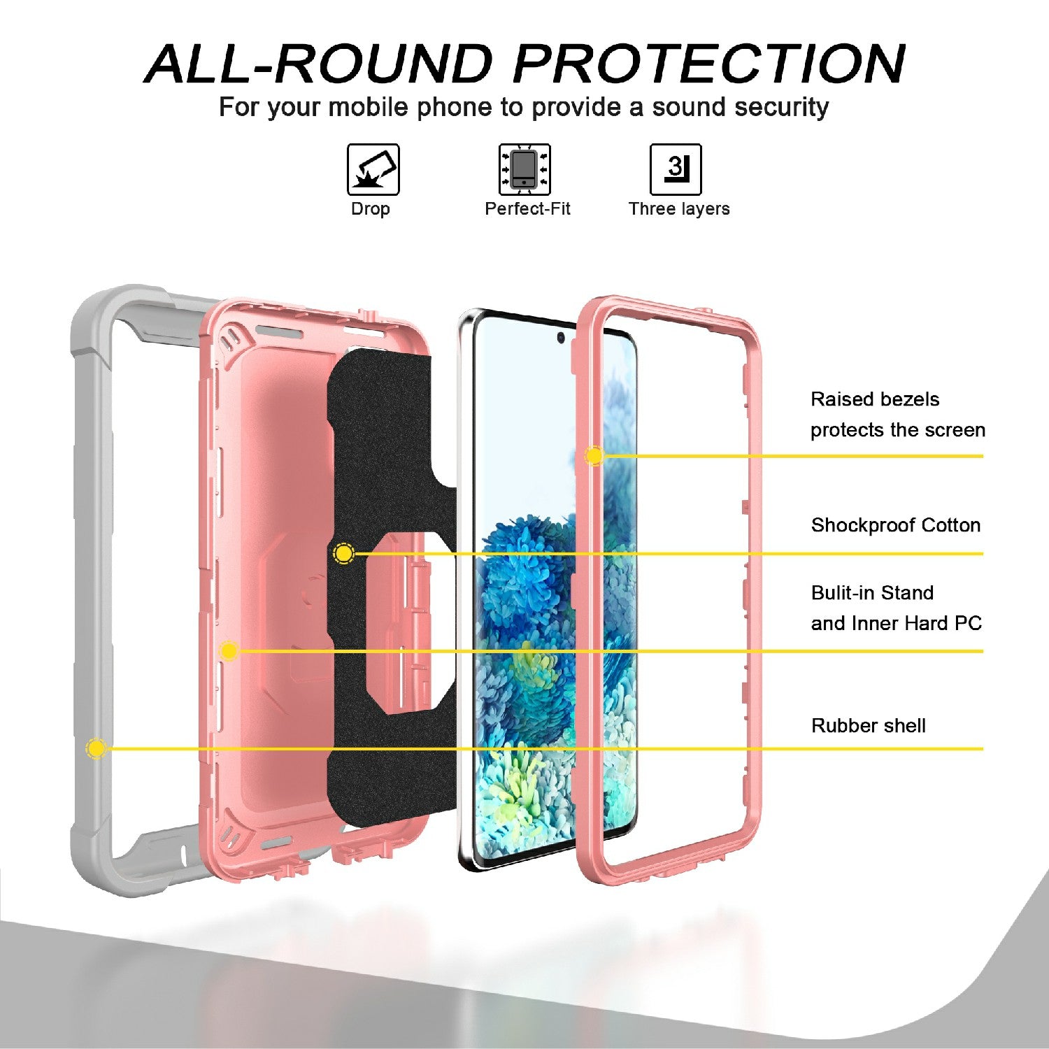 Shockproof PC + Silicone Phone Case with Built-in Kickstand Design for Samsung Galaxy S20 FE/S20 Fan Edition/S20 FE 5G/S20 Fan Edition 5G/S20 Lite/S20 FE 2022 - Grey/Rose Gold