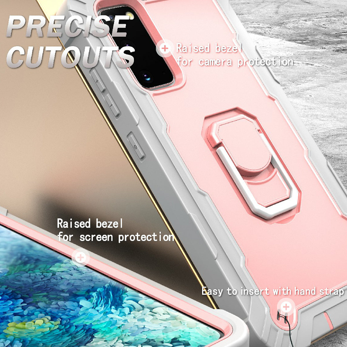 Shockproof PC + Silicone Phone Case with Built-in Kickstand Design for Samsung Galaxy S20 FE/S20 Fan Edition/S20 FE 5G/S20 Fan Edition 5G/S20 Lite/S20 FE 2022 - Grey/Rose Gold