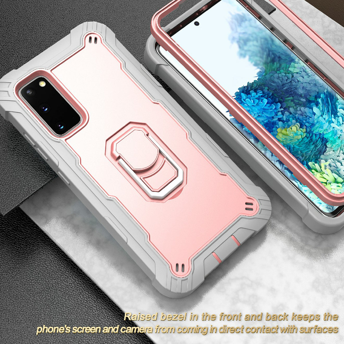 Shockproof PC + Silicone Phone Case with Built-in Kickstand Design for Samsung Galaxy S20 FE/S20 Fan Edition/S20 FE 5G/S20 Fan Edition 5G/S20 Lite/S20 FE 2022 - Grey/Rose Gold