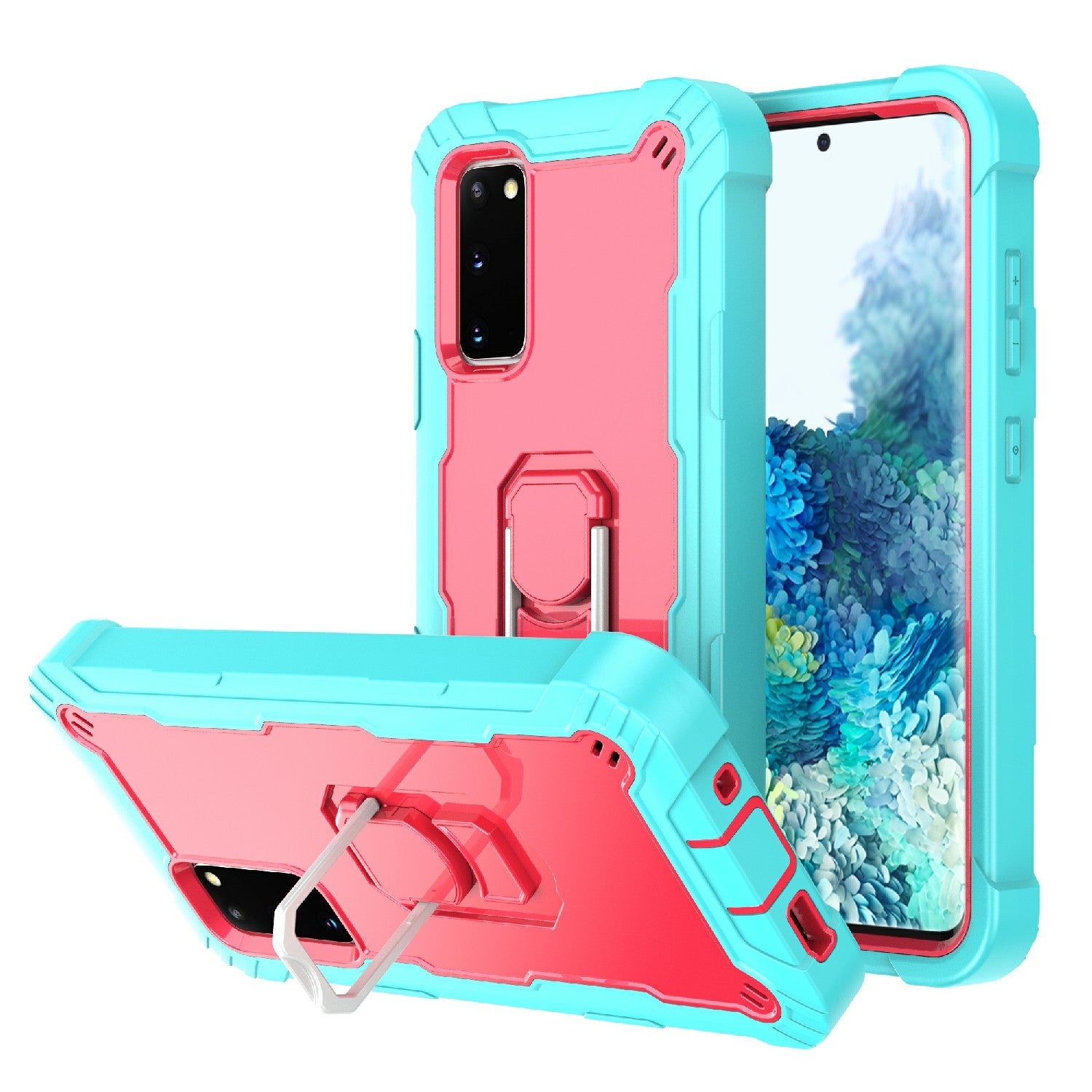 Shockproof PC + Silicone Phone Case with Built-in Kickstand Design for Samsung Galaxy S20 FE/S20 Fan Edition/S20 FE 5G/S20 Fan Edition 5G/S20 Lite/S20 FE 2022 - Aqua/Rose Red