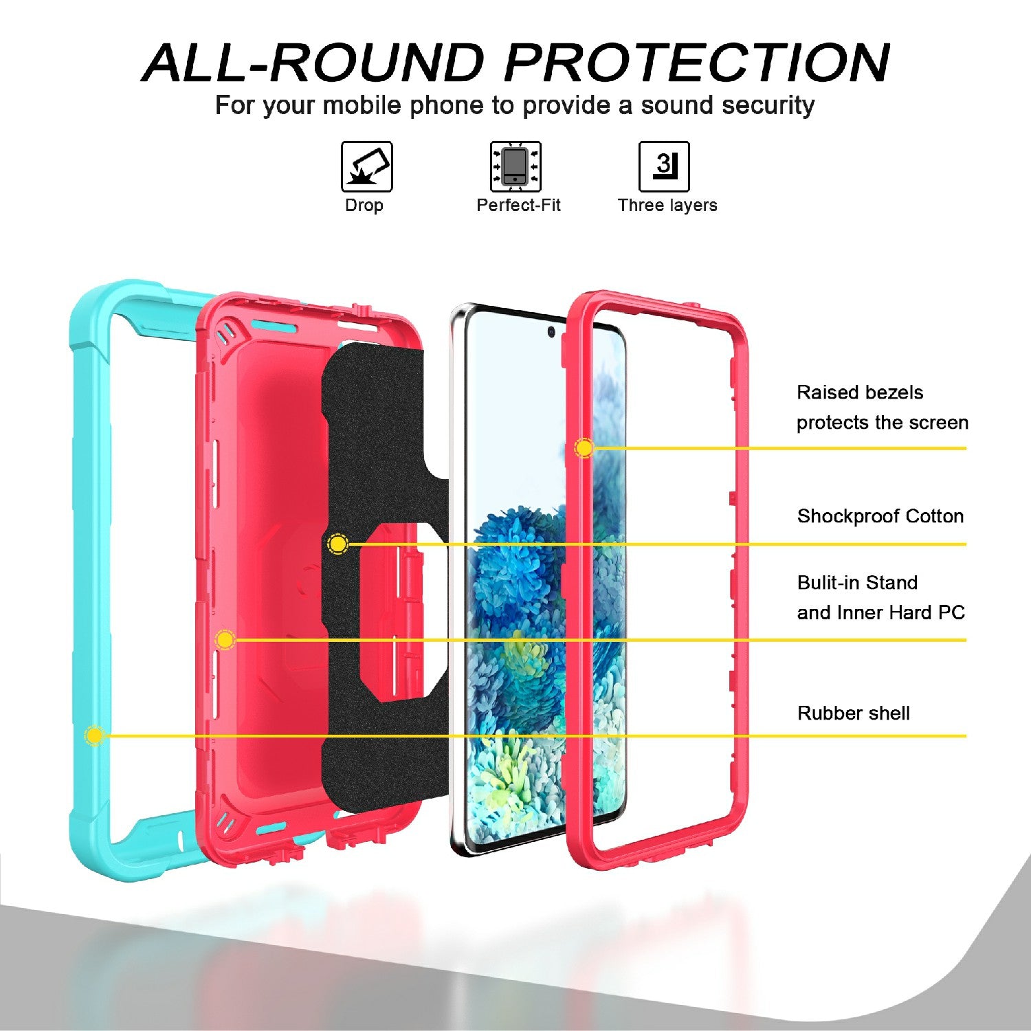 Shockproof PC + Silicone Phone Case with Built-in Kickstand Design for Samsung Galaxy S20 FE/S20 Fan Edition/S20 FE 5G/S20 Fan Edition 5G/S20 Lite/S20 FE 2022 - Aqua/Rose Red