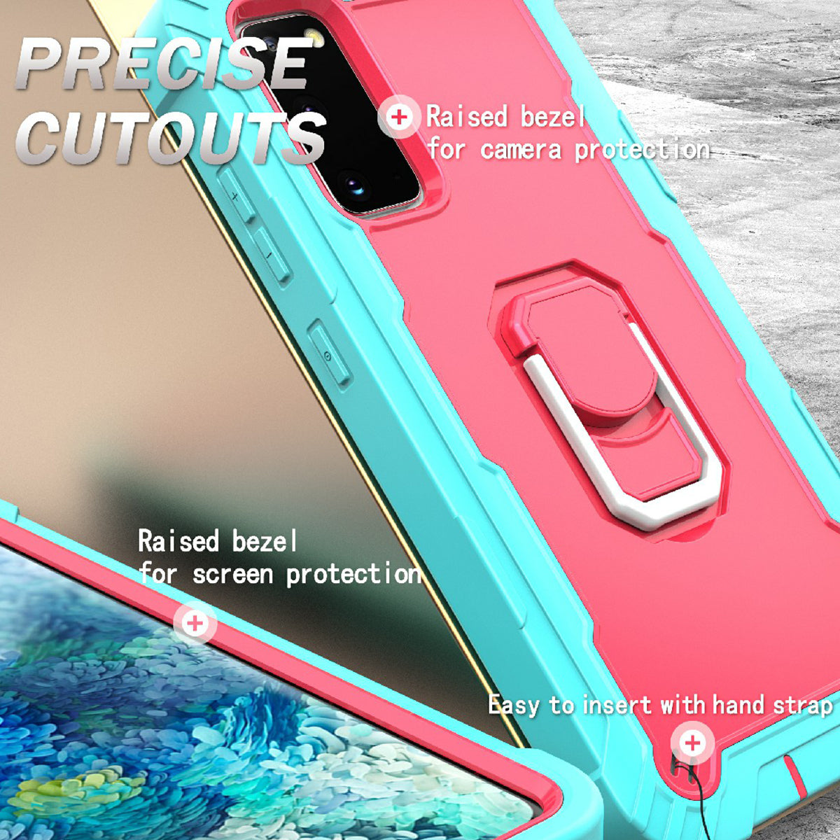 Shockproof PC + Silicone Phone Case with Built-in Kickstand Design for Samsung Galaxy S20 FE/S20 Fan Edition/S20 FE 5G/S20 Fan Edition 5G/S20 Lite/S20 FE 2022 - Aqua/Rose Red