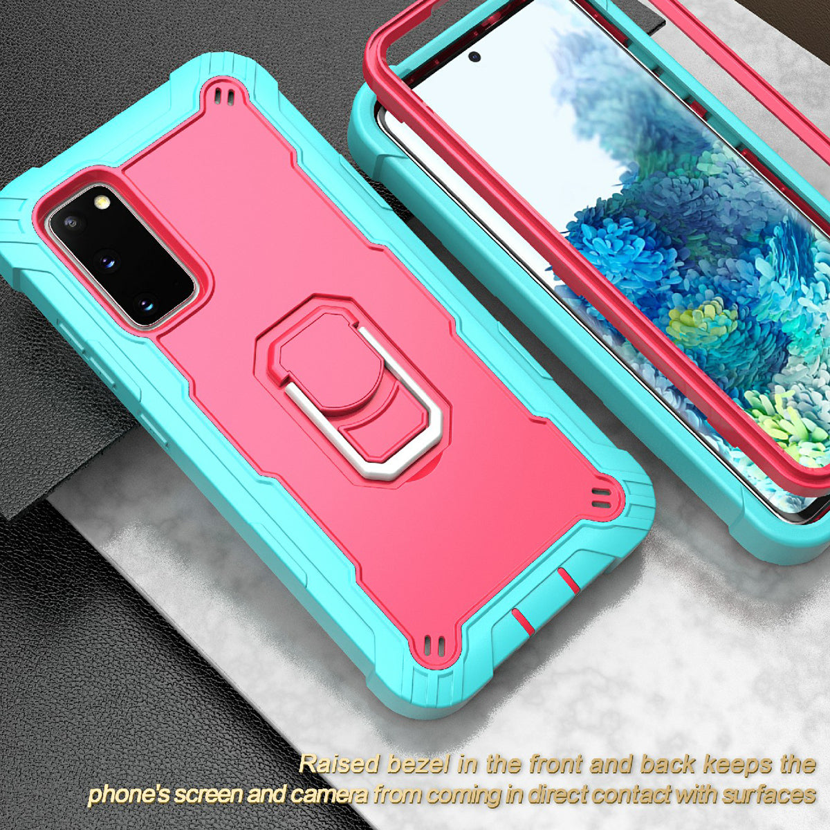 Shockproof PC + Silicone Phone Case with Built-in Kickstand Design for Samsung Galaxy S20 FE/S20 Fan Edition/S20 FE 5G/S20 Fan Edition 5G/S20 Lite/S20 FE 2022 - Aqua/Rose Red