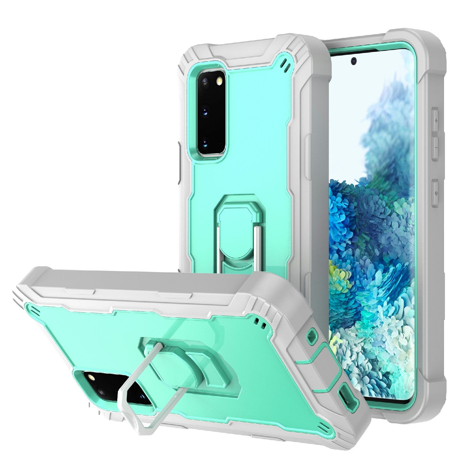 Shockproof PC + Silicone Phone Case with Built-in Kickstand Design for Samsung Galaxy S20 FE/S20 Fan Edition/S20 FE 5G/S20 Fan Edition 5G/S20 Lite/S20 FE 2022 - Grey/Aqua