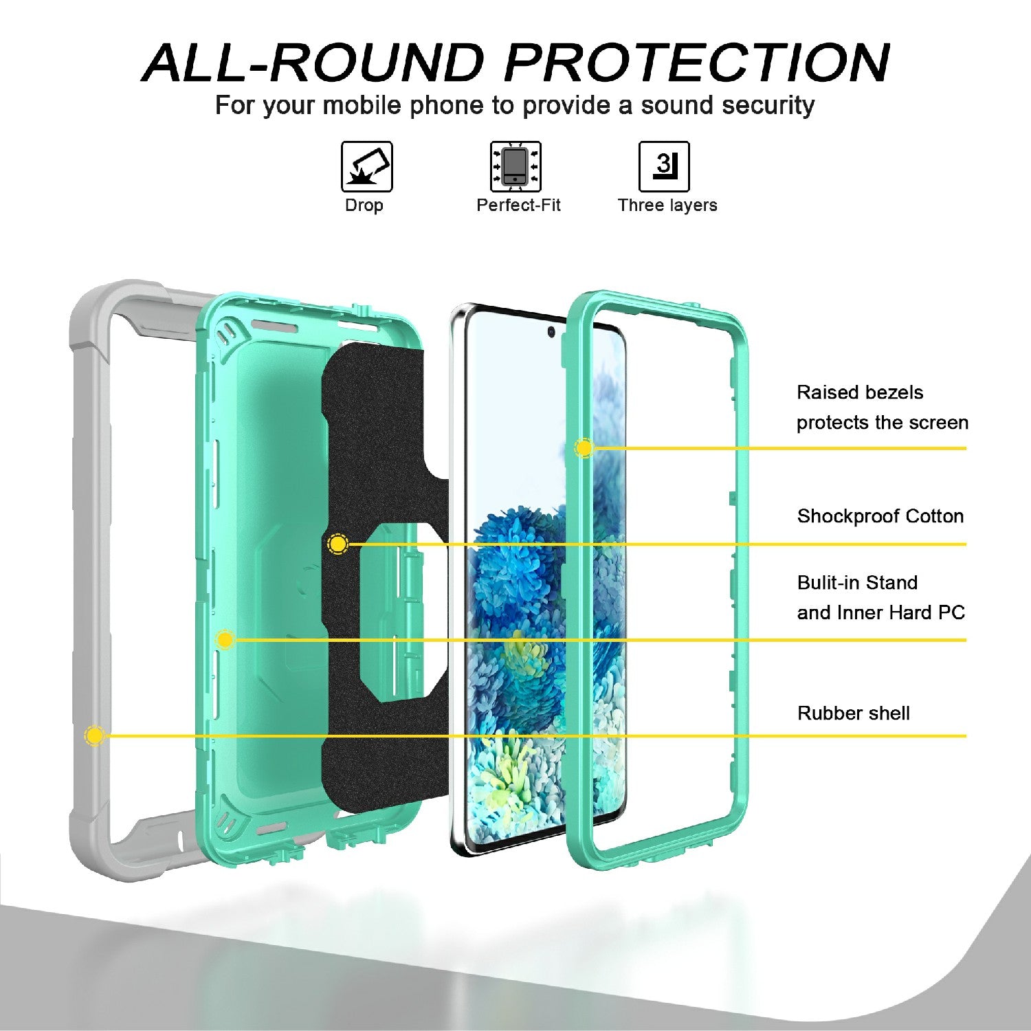 Shockproof PC + Silicone Phone Case with Built-in Kickstand Design for Samsung Galaxy S20 FE/S20 Fan Edition/S20 FE 5G/S20 Fan Edition 5G/S20 Lite/S20 FE 2022 - Grey/Aqua