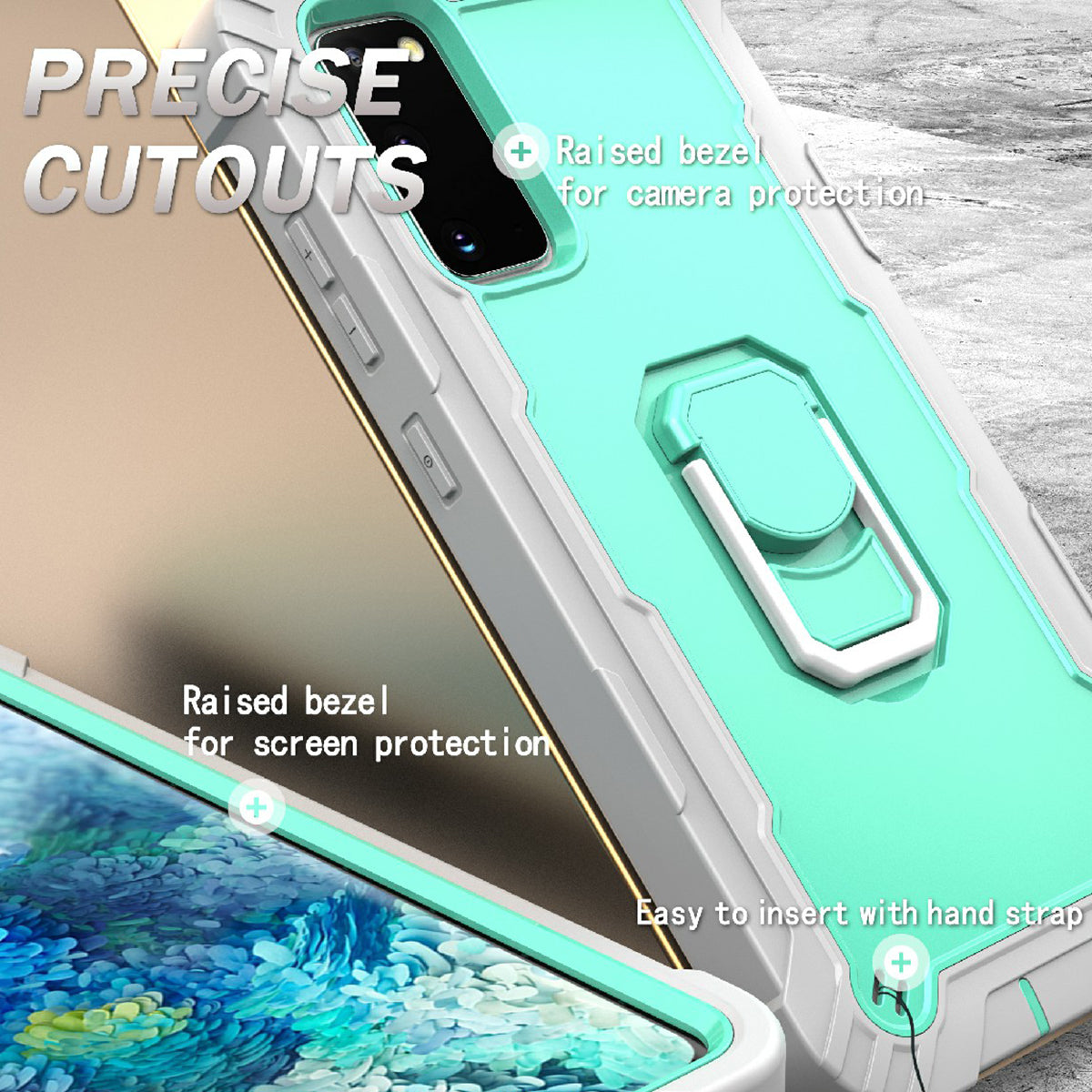 Shockproof PC + Silicone Phone Case with Built-in Kickstand Design for Samsung Galaxy S20 FE/S20 Fan Edition/S20 FE 5G/S20 Fan Edition 5G/S20 Lite/S20 FE 2022 - Grey/Aqua