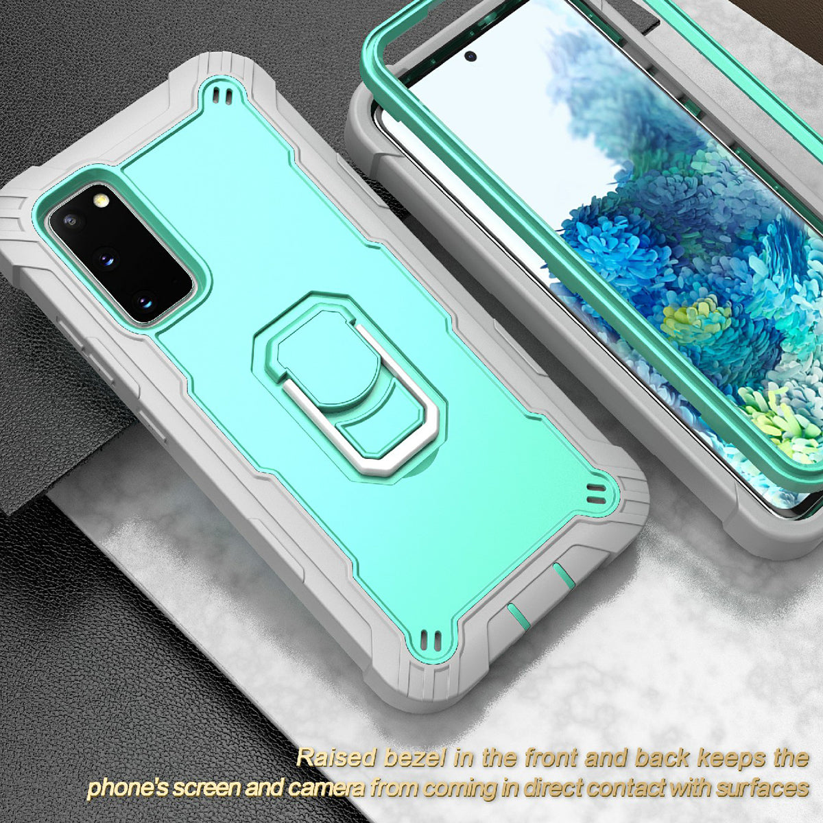 Shockproof PC + Silicone Phone Case with Built-in Kickstand Design for Samsung Galaxy S20 FE/S20 Fan Edition/S20 FE 5G/S20 Fan Edition 5G/S20 Lite/S20 FE 2022 - Grey/Aqua