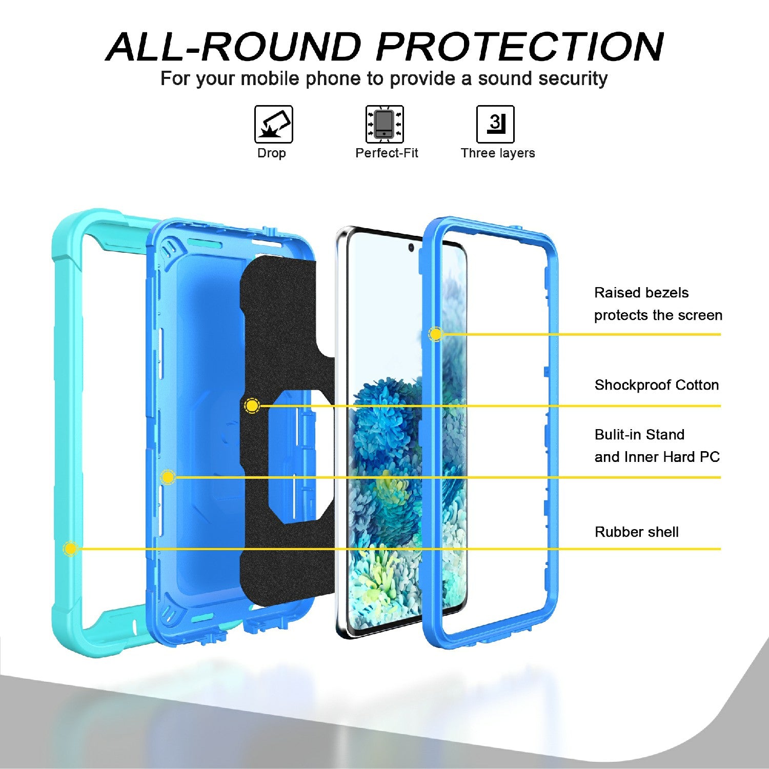 Shockproof PC + Silicone Phone Case with Built-in Kickstand Design for Samsung Galaxy S20 FE/S20 Fan Edition/S20 FE 5G/S20 Fan Edition 5G/S20 Lite/S20 FE 2022 - Aqua/Blue